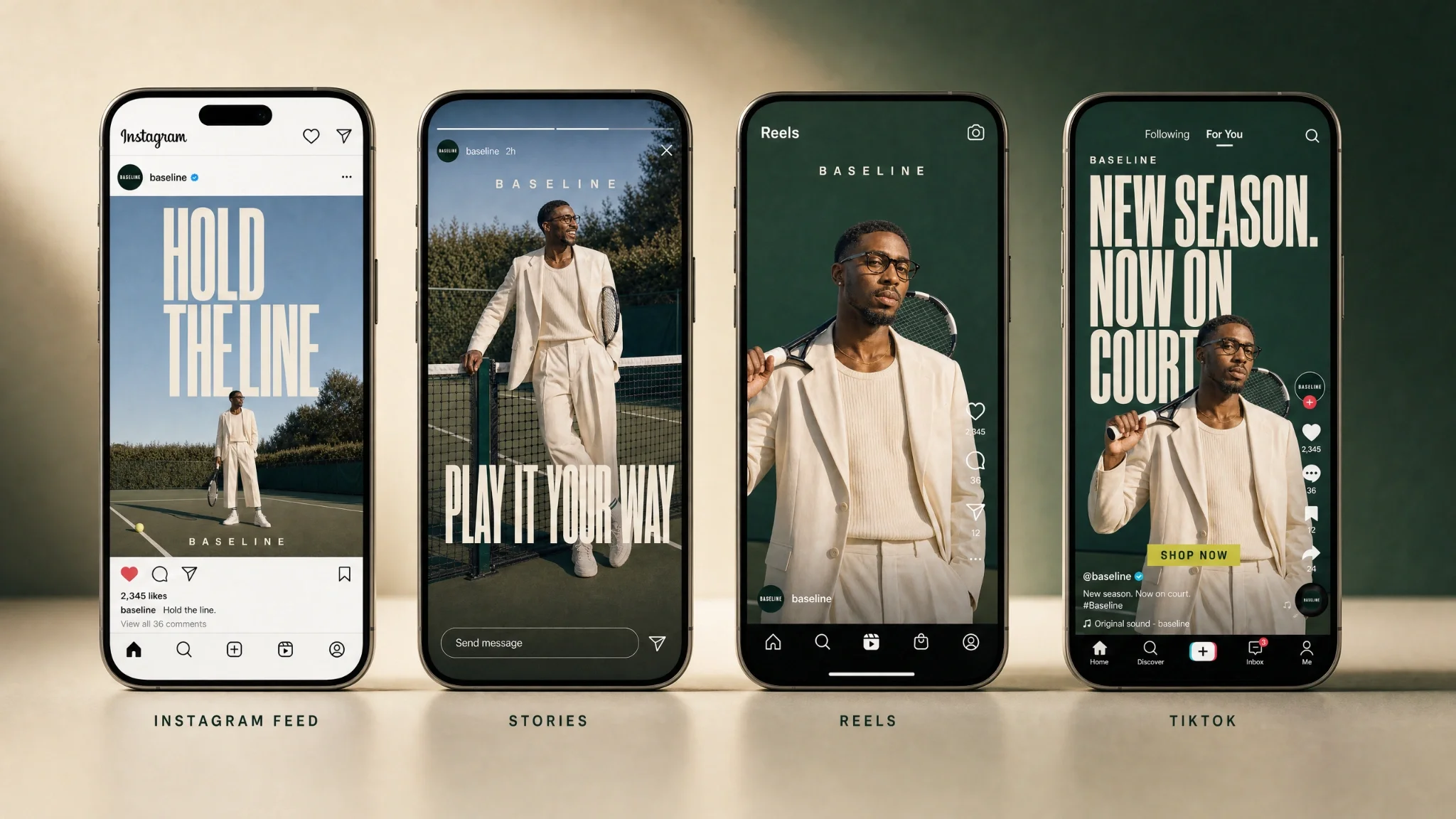 BASELINE campaign shown across Instagram feed, Stories, Reels, and TikTok phone mockups