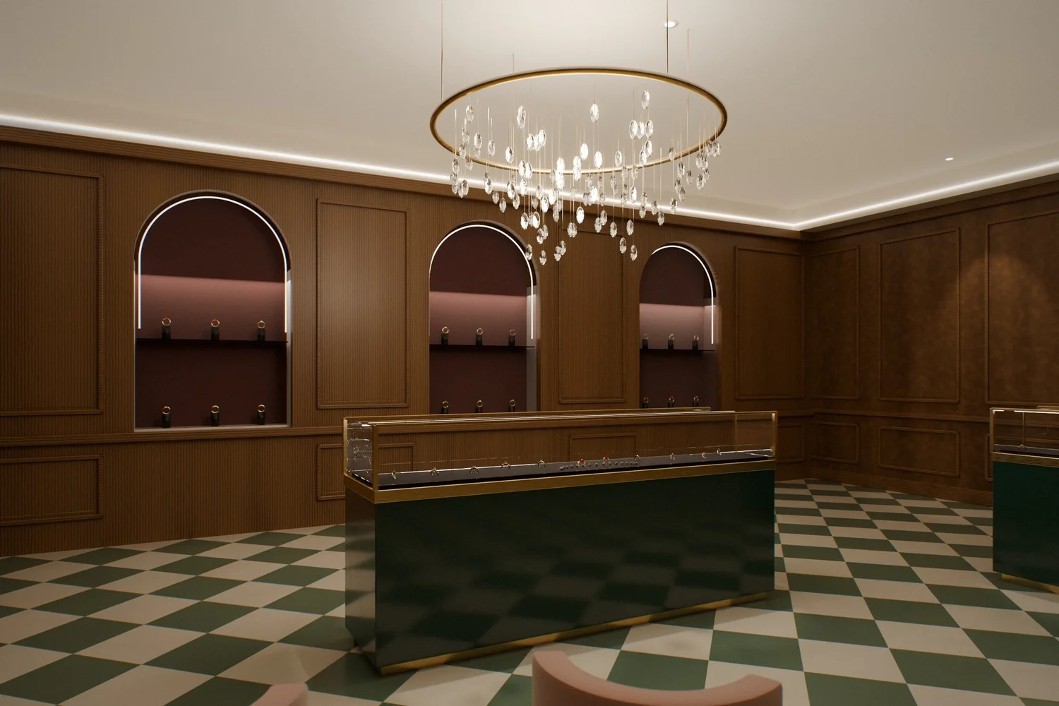 Concept rendering of a jewellery salon with walnut boiserie, arched velvet-lined display niches and green lacquer vitrines with brass trim