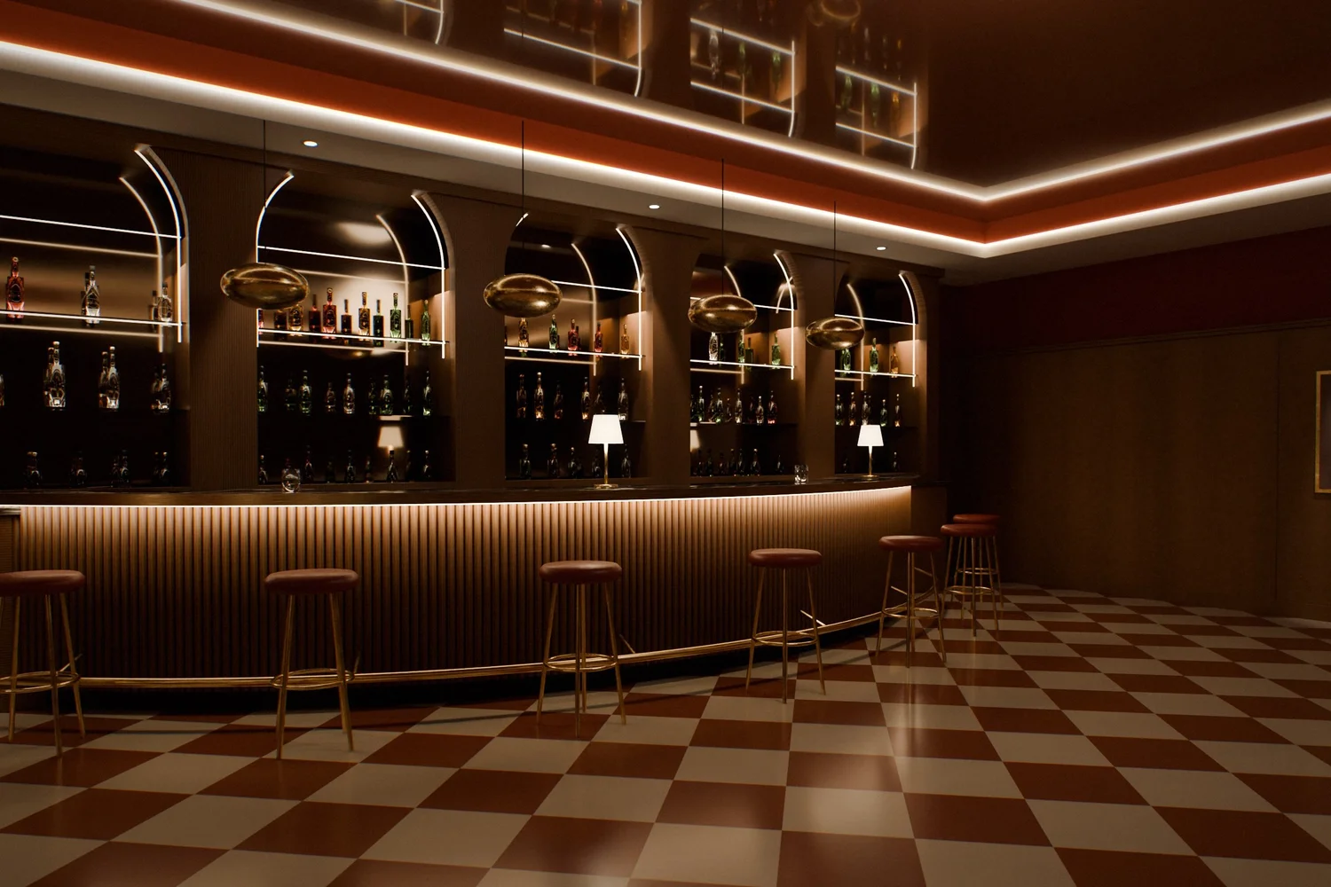 Concept rendering of a cocktail bar with a curved reeded walnut bar, black marble top, arched mirrored back bar and walnut wainscoting