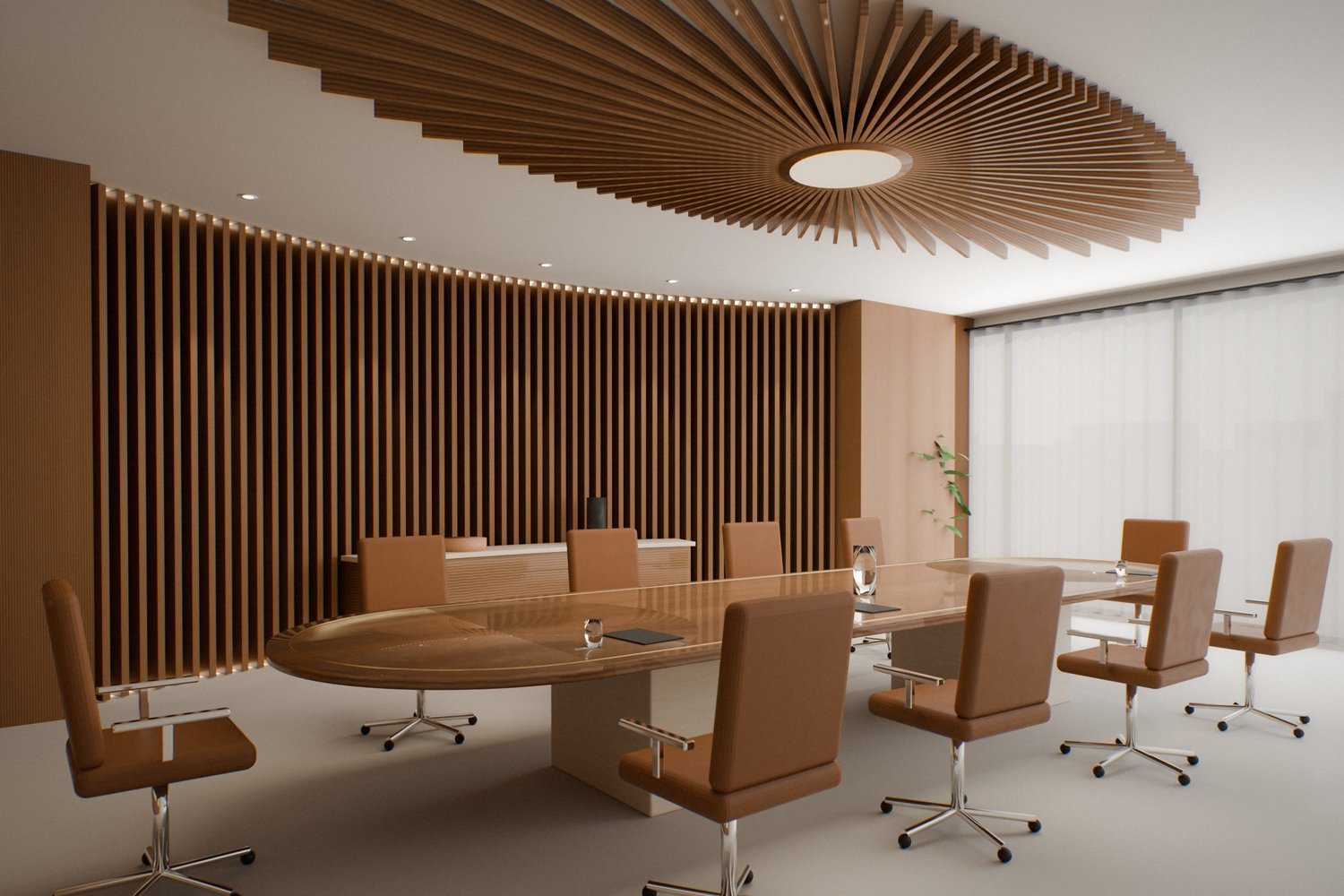 Concept rendering of a daylit executive boardroom with a curved walnut fin wall, radial walnut ceiling feature and book-matched racetrack table