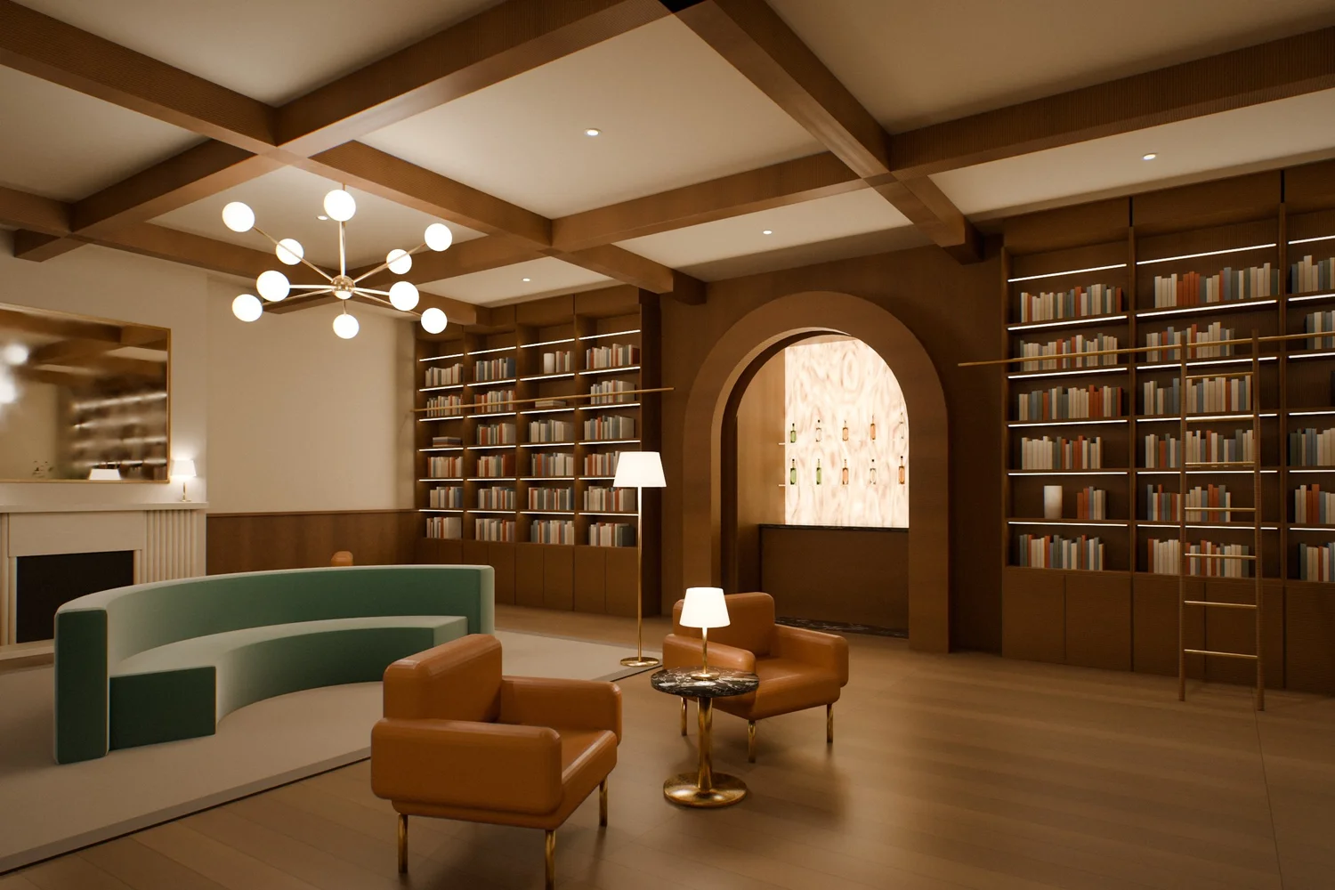 Concept rendering of a residents&rsquo; club library with walnut bookcases and rolling ladder, arched onyx bar alcove and coffered walnut ceiling