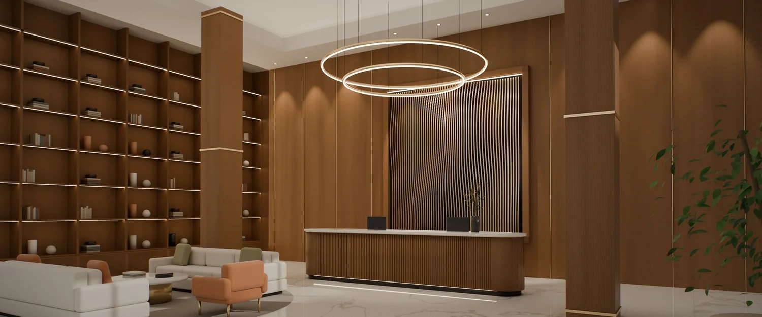 Concept rendering of a boutique hotel lobby with walnut wall panelling, reeded walnut reception desk, sculptural bronze relief wall and library shelving