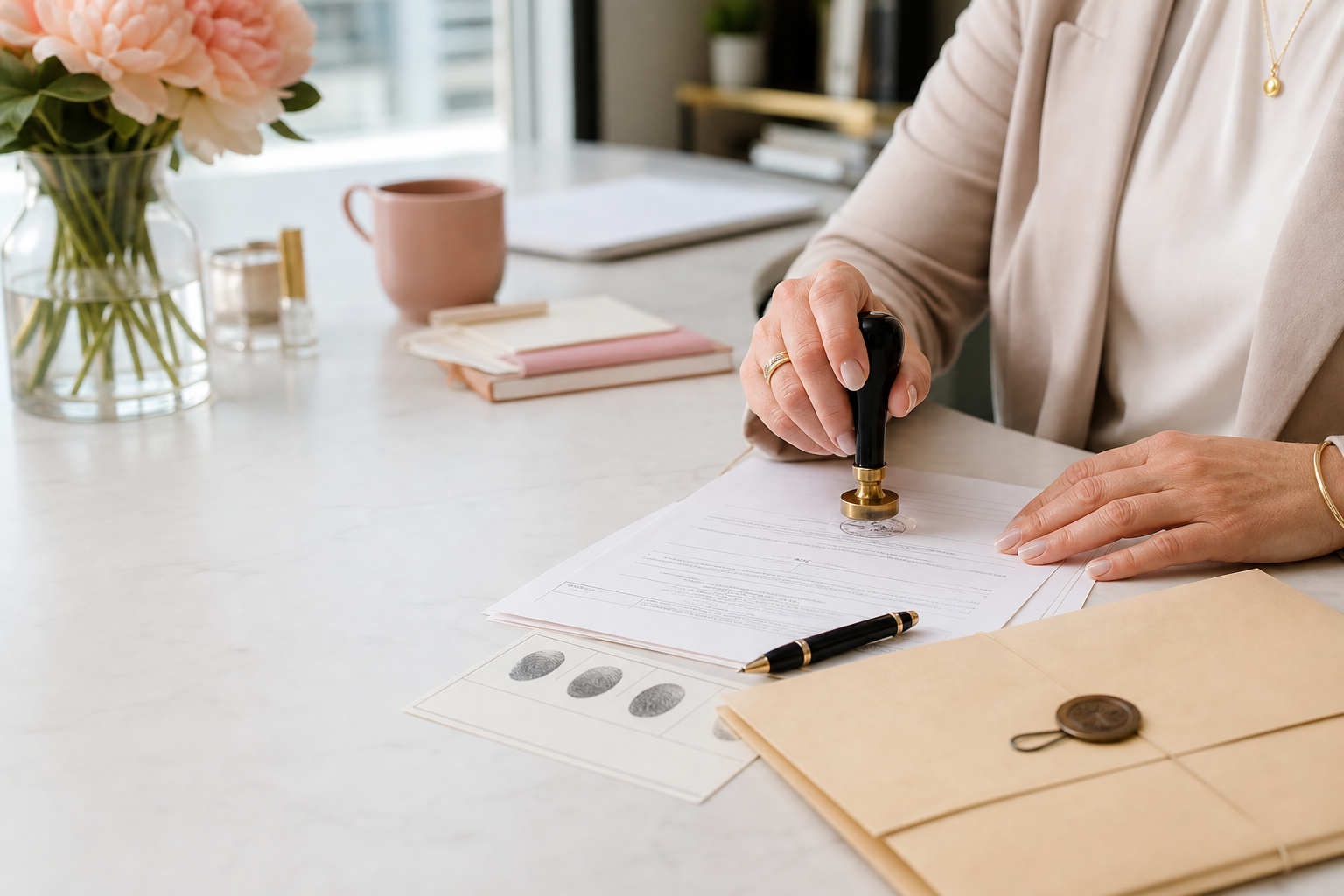 Professional notary stamping documents at a bright office desk