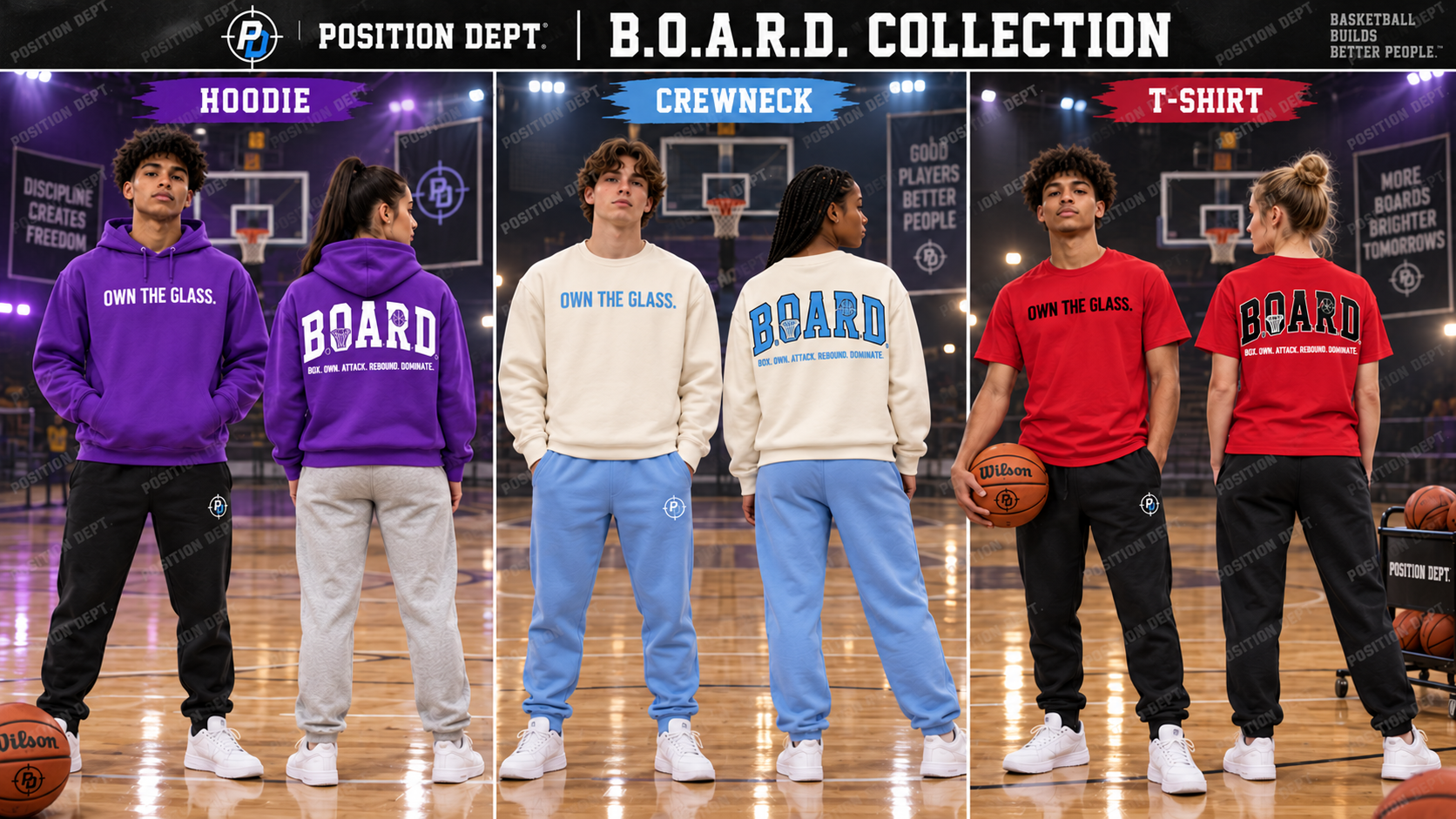 Position Dept. B.O.A.R.D. basketball collection: diverse teen models show front and back of hoodies, crewneck sweatshirts and T-shirts in multiple colorways on a basketball court. Watermarked collection design board.
