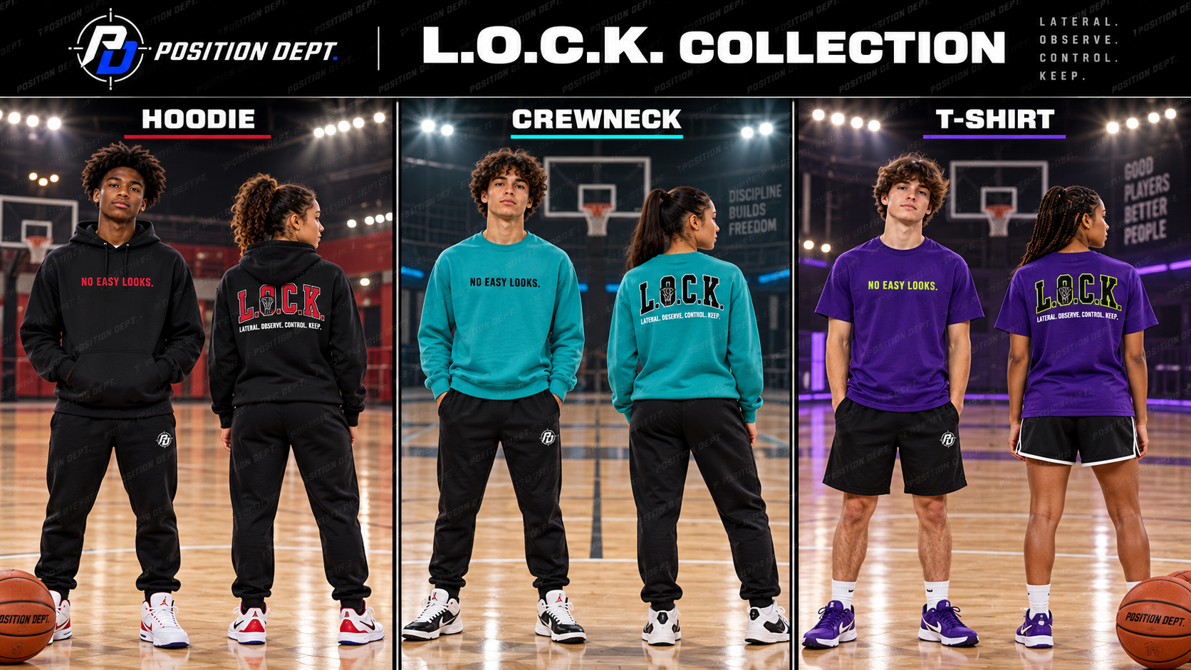 Position Dept. L.O.C.K. basketball collection: diverse teen models show front and back of hoodies, crewneck sweatshirts and T-shirts in multiple colorways on a basketball court. Watermarked collection design board.