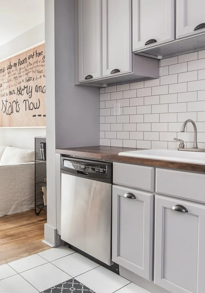 Upper East Side Apartment, gray kitchen with walnut butcherblock countertop