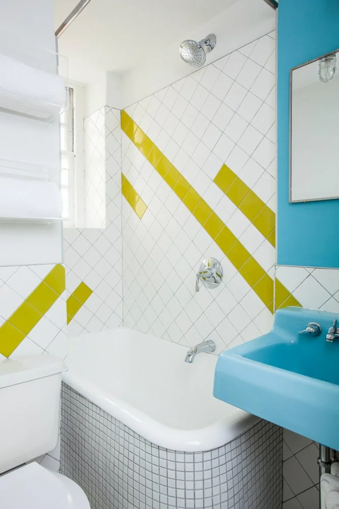 Lenox Hill Apartment, blue and green chartreuse bathroom tiles