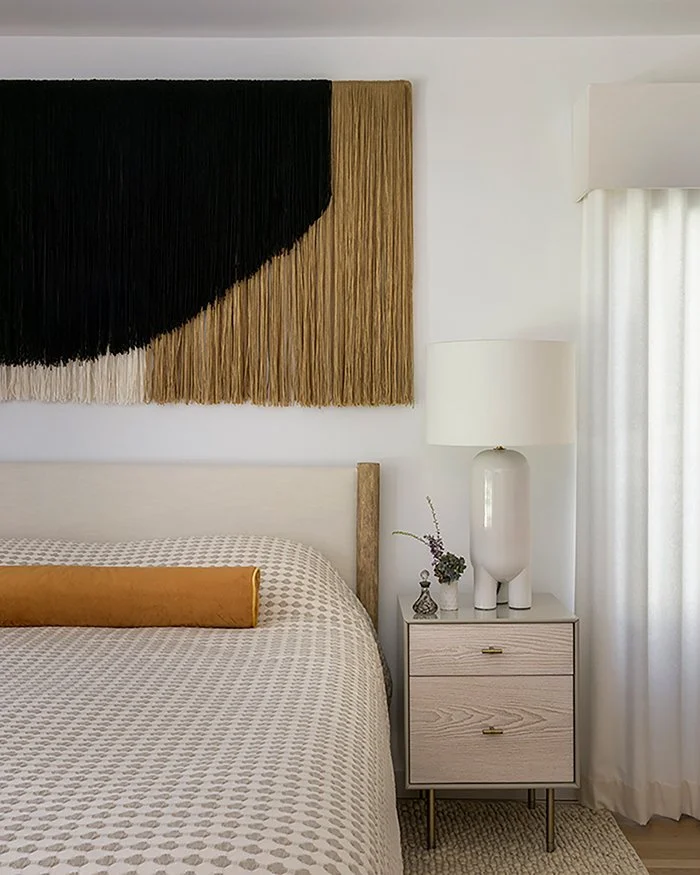 Modern bedroom, custom textile wall art, neutral interior