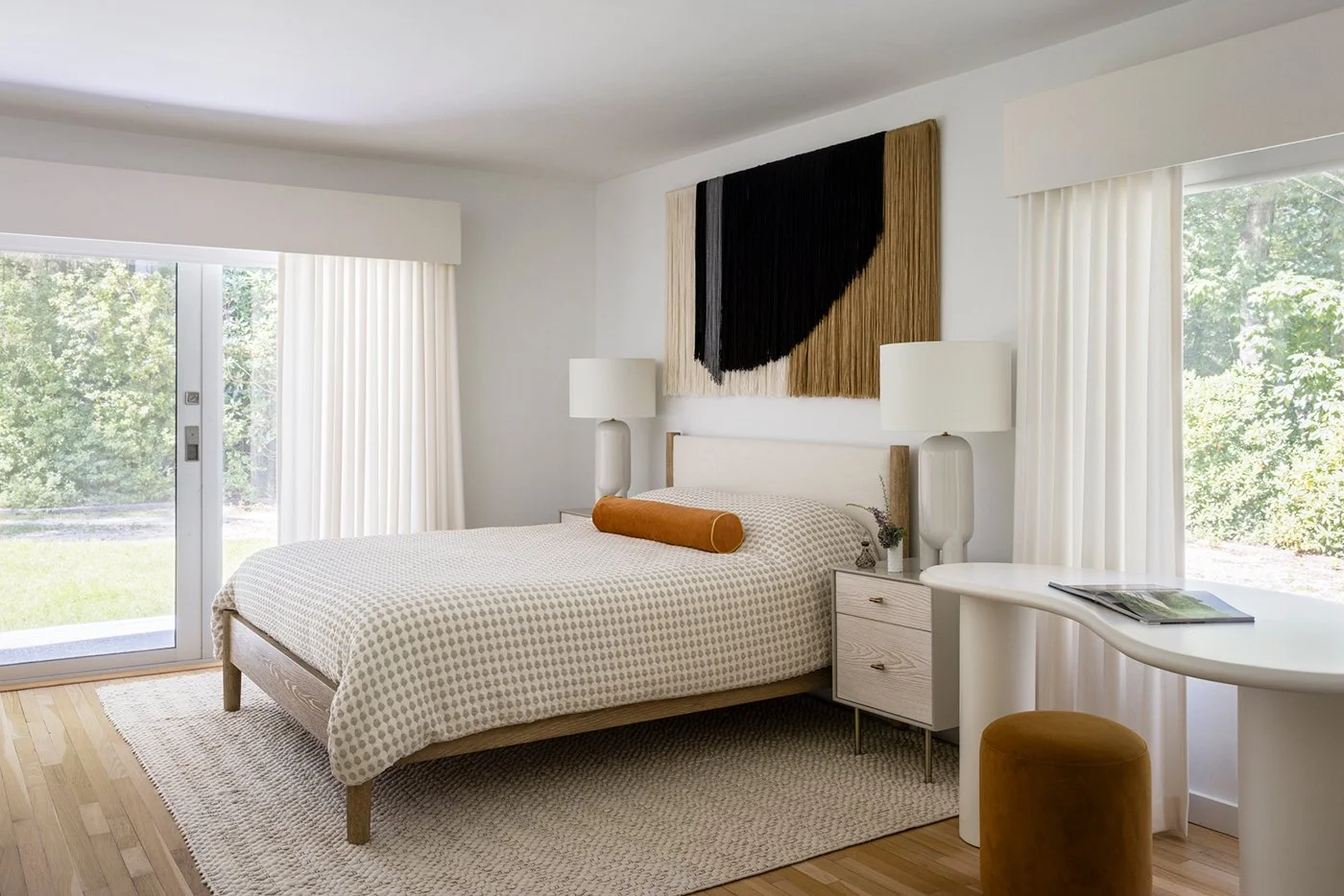 Modern bedroom, neutral interior, custom textile wall art