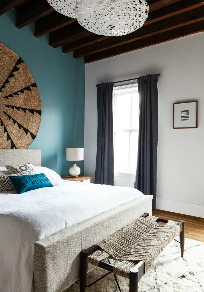 Jersey City Loft, blue bedroom with ethnic accents