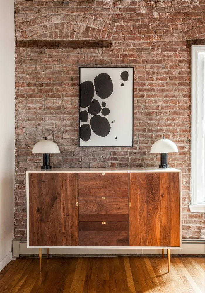 Jersey City Loft, white walnut buffet with mushroom lamps