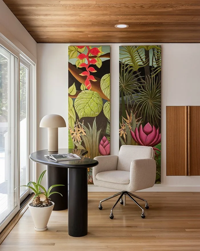 Modern home office, botanical art, wood ceiling, sculptural desk