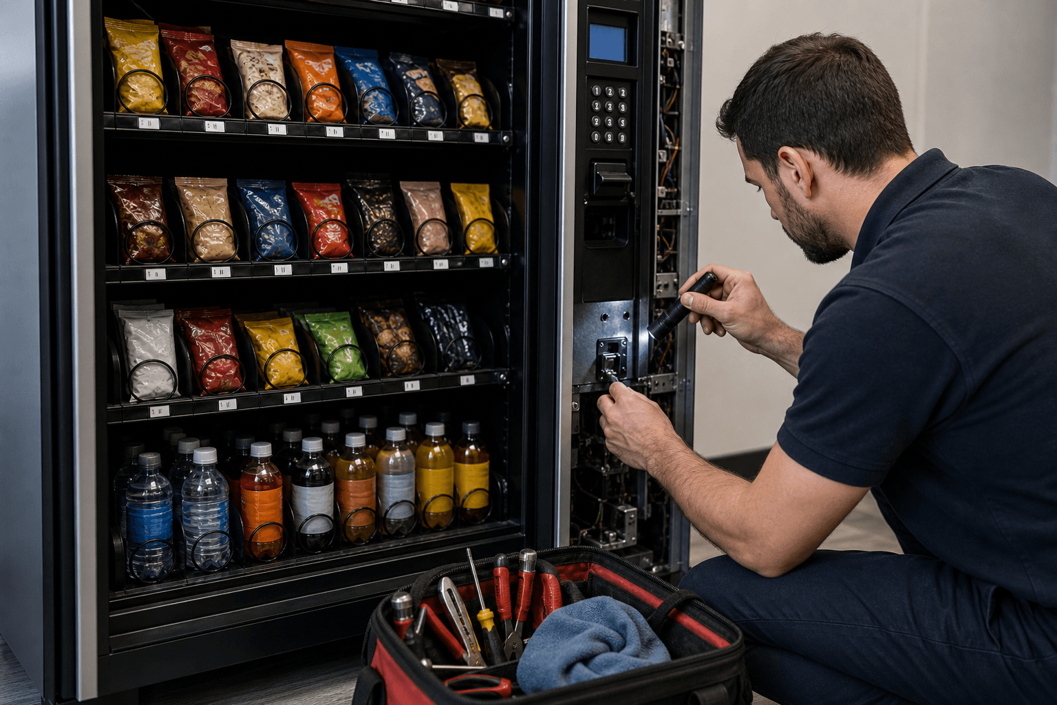 Technician servicing machine parts