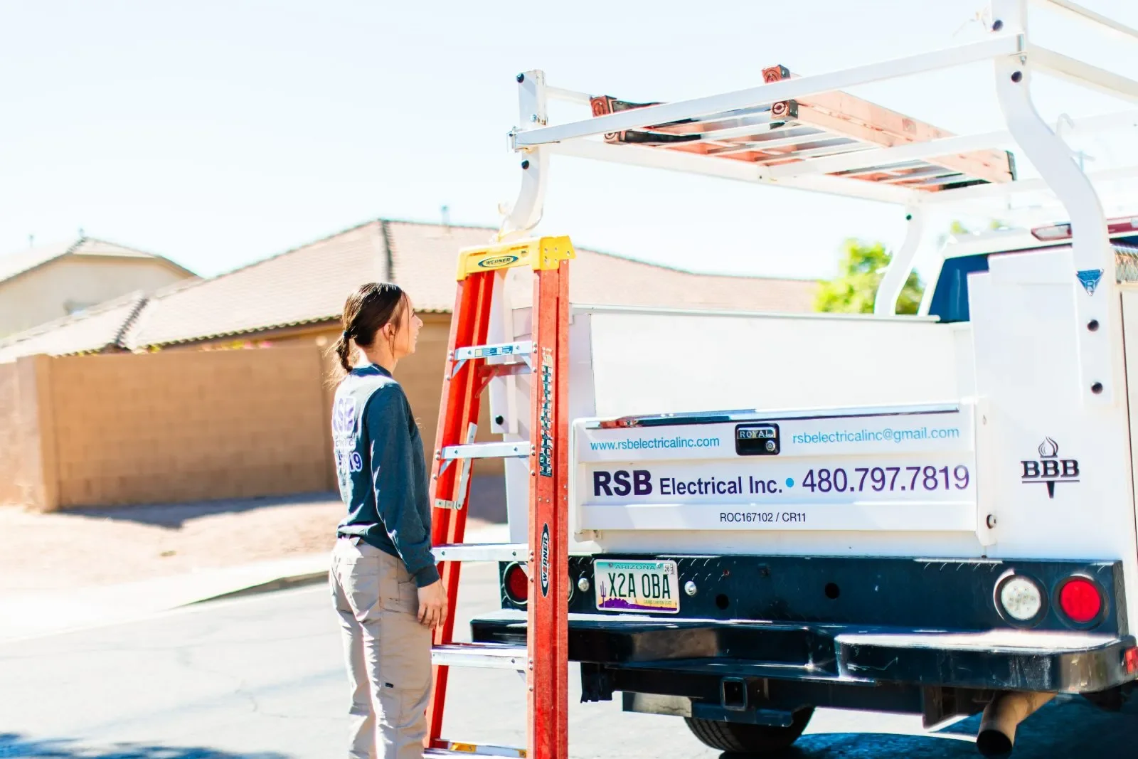 Electrician ladder roofline exterior — RSB Electrical, Mesa AZ