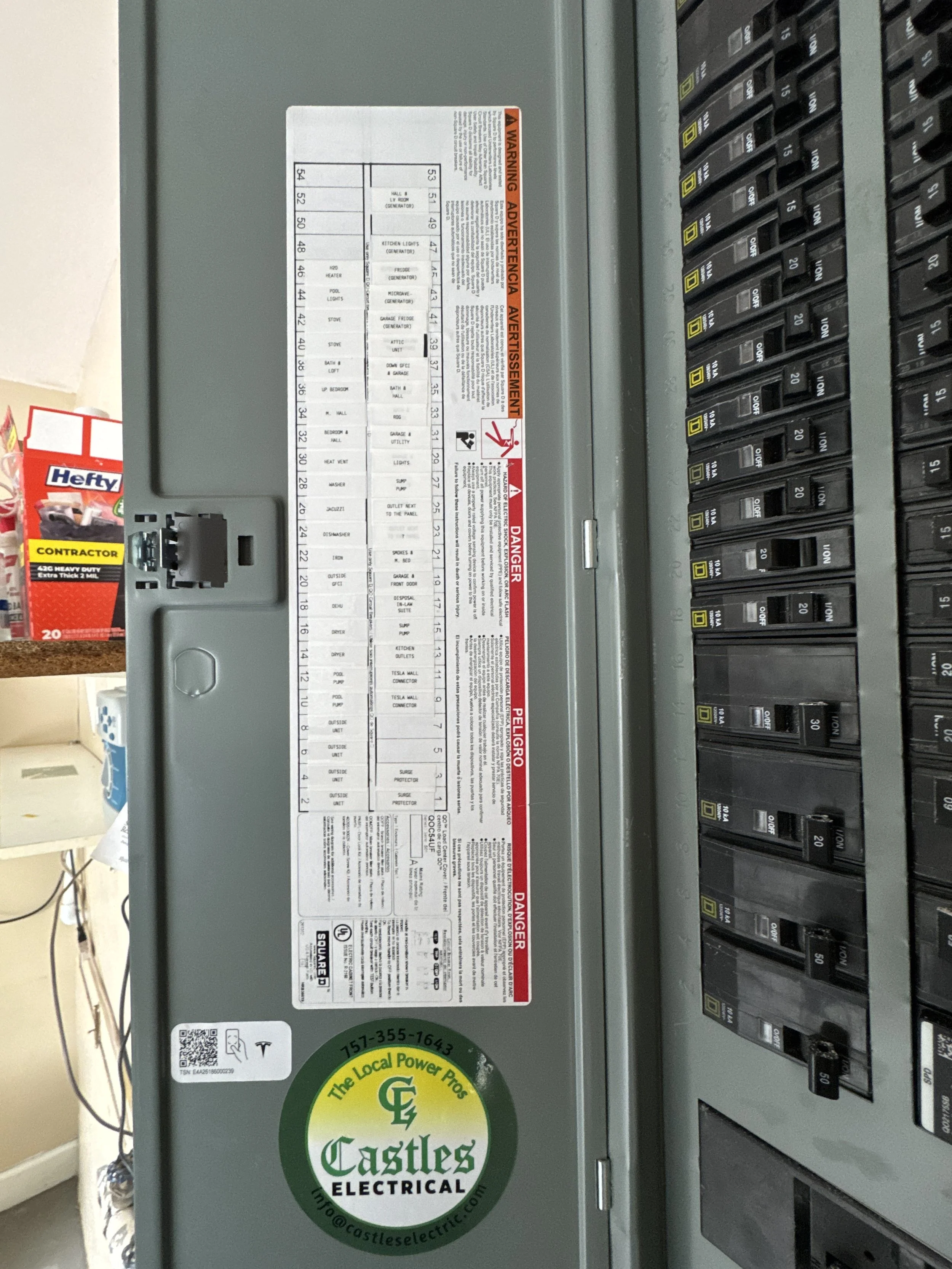 Breaker directory filled in at the panel of a Norfolk, VA home