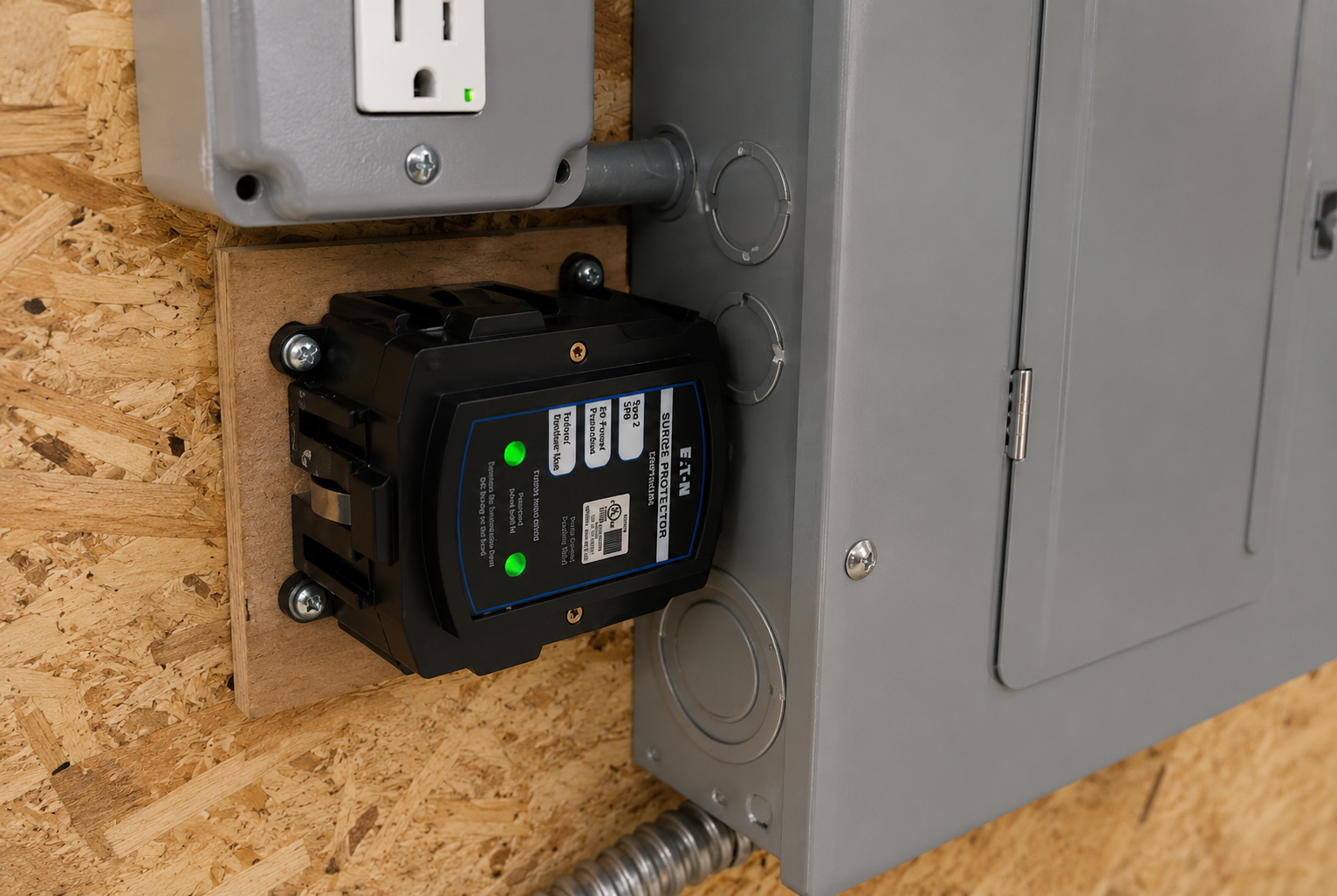 Surge protective device beside a panel, next to a three-prong outlet