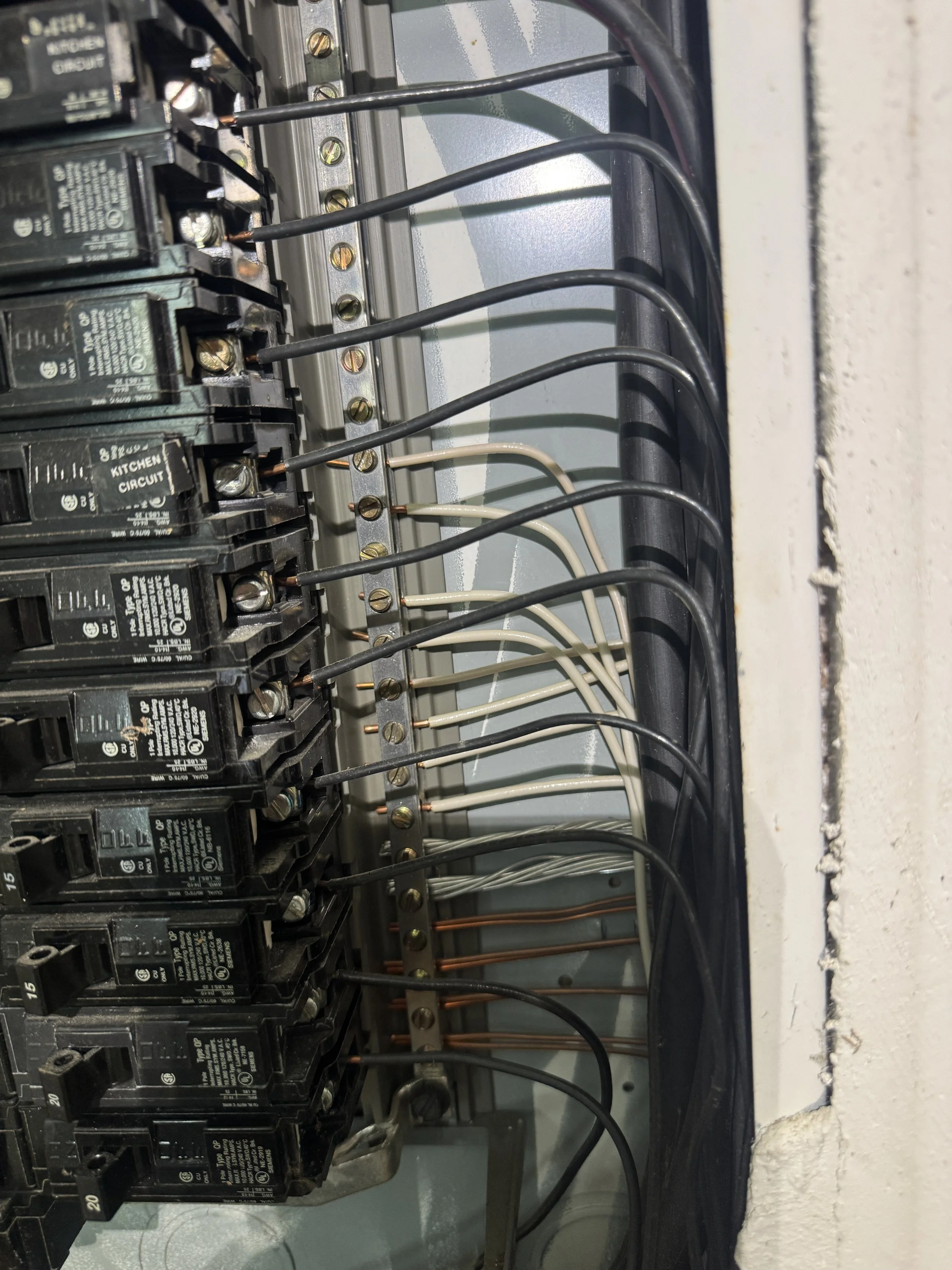 Row of breakers and their conductors inside an opened panel in a Suffolk, VA home