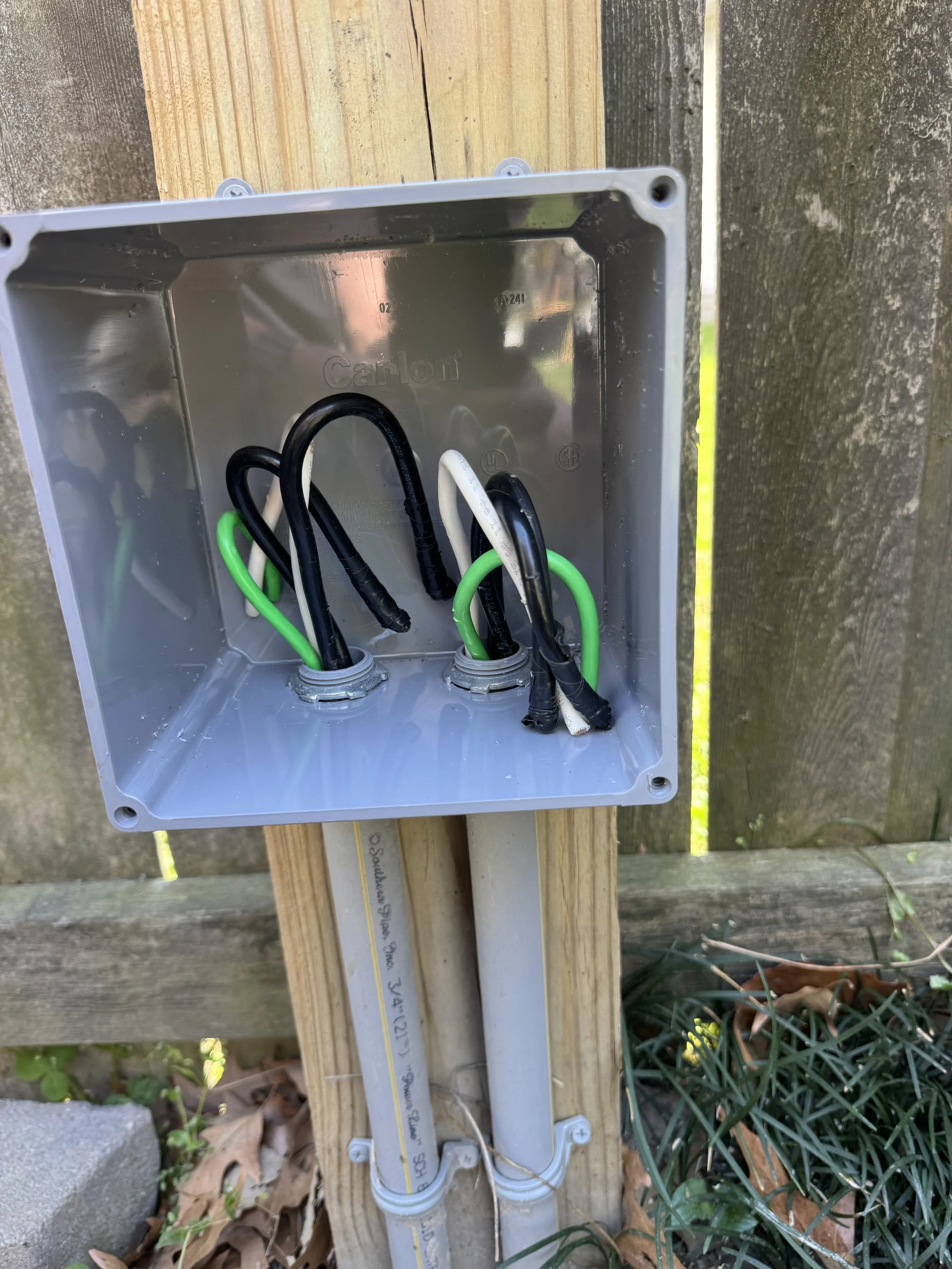 Weatherproof junction box at the equipment end of an outdoor circuit in Suffolk, VA