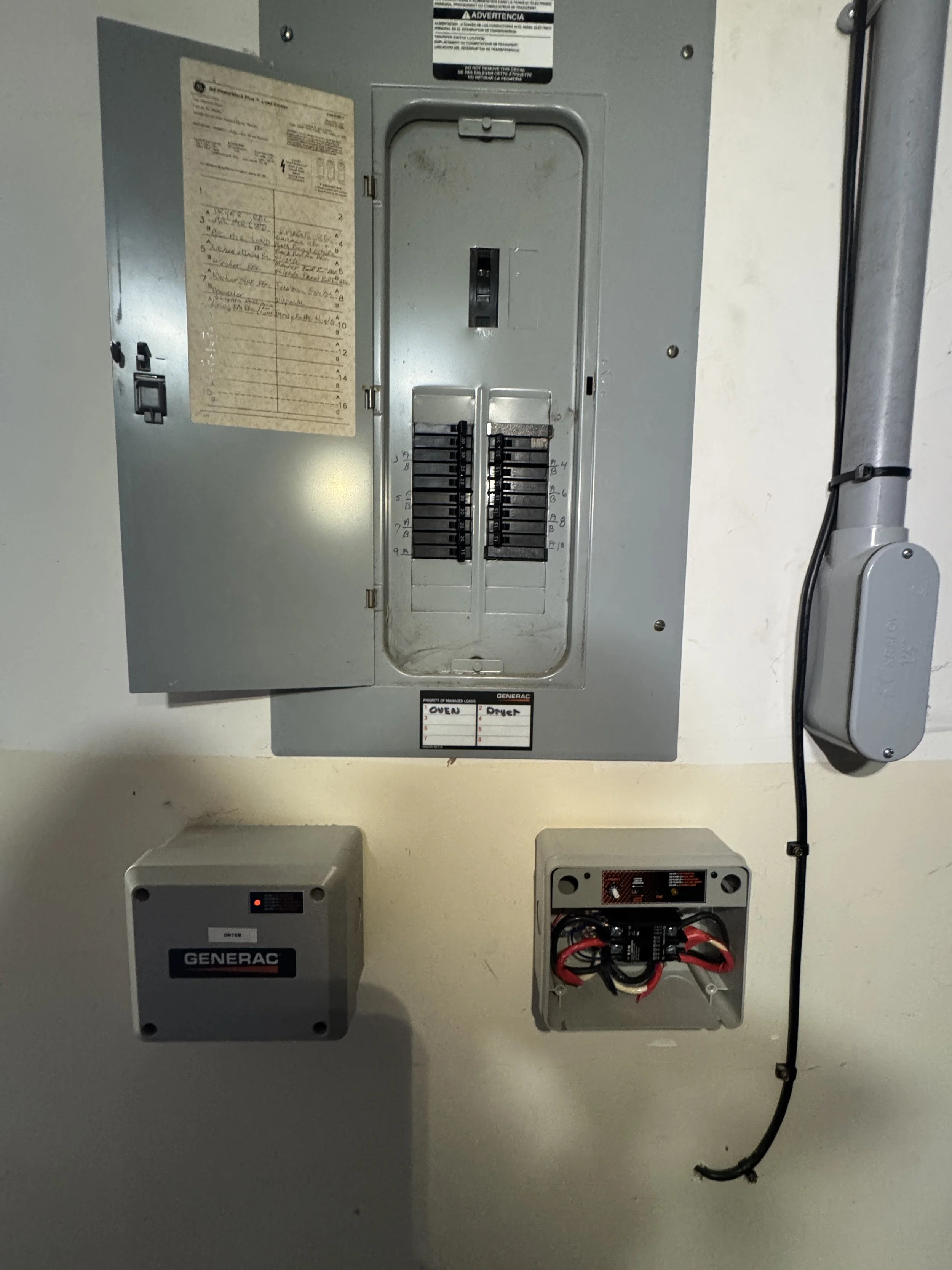 Older Portsmouth, VA panel left as a load-side panel with the transfer equipment beside it