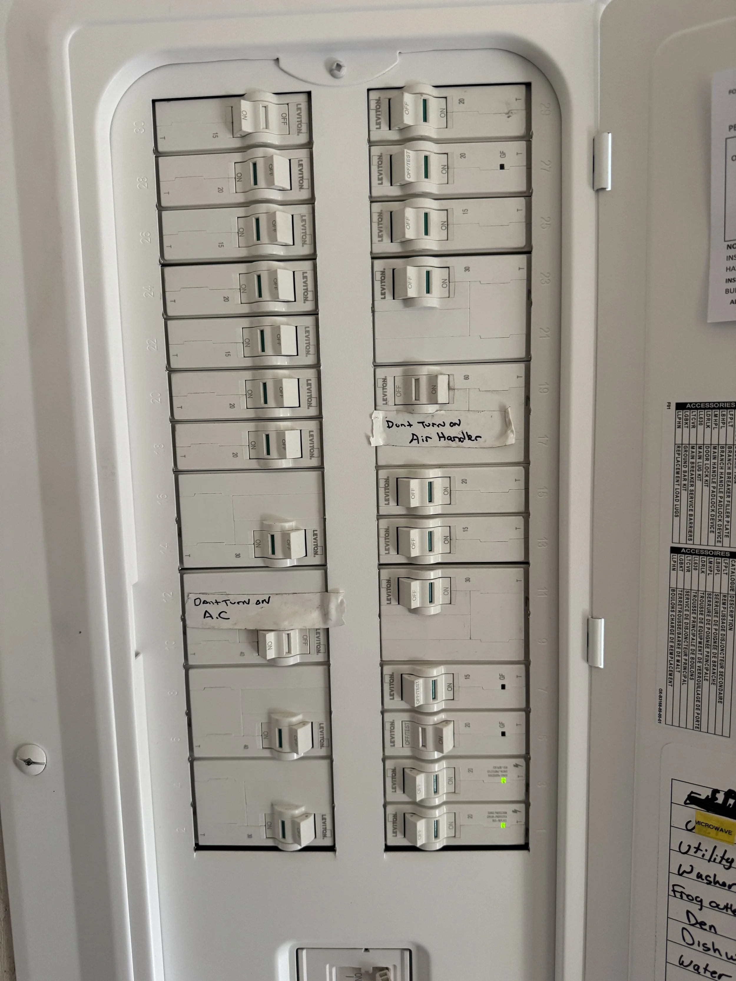 Breakers marked against the directory inside a panel