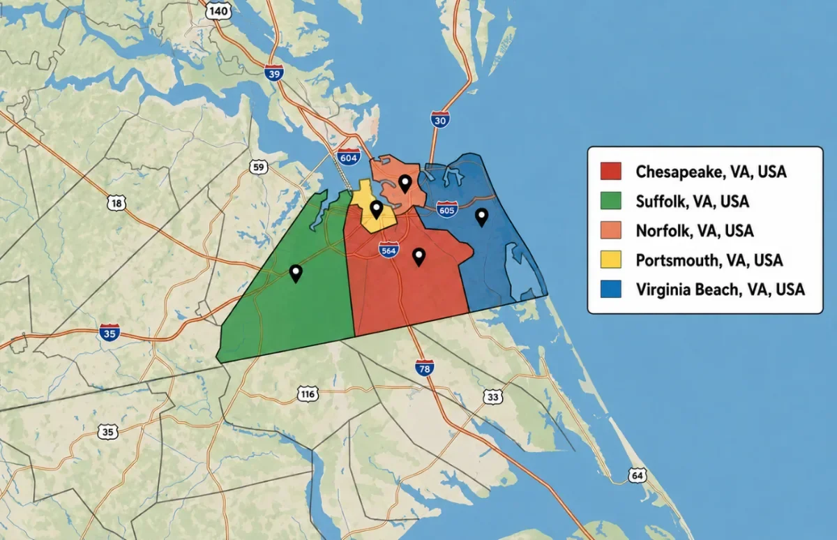 Castles Electrical service-area map: Chesapeake, Suffolk, Norfolk, Portsmouth and Virginia Beach, VA