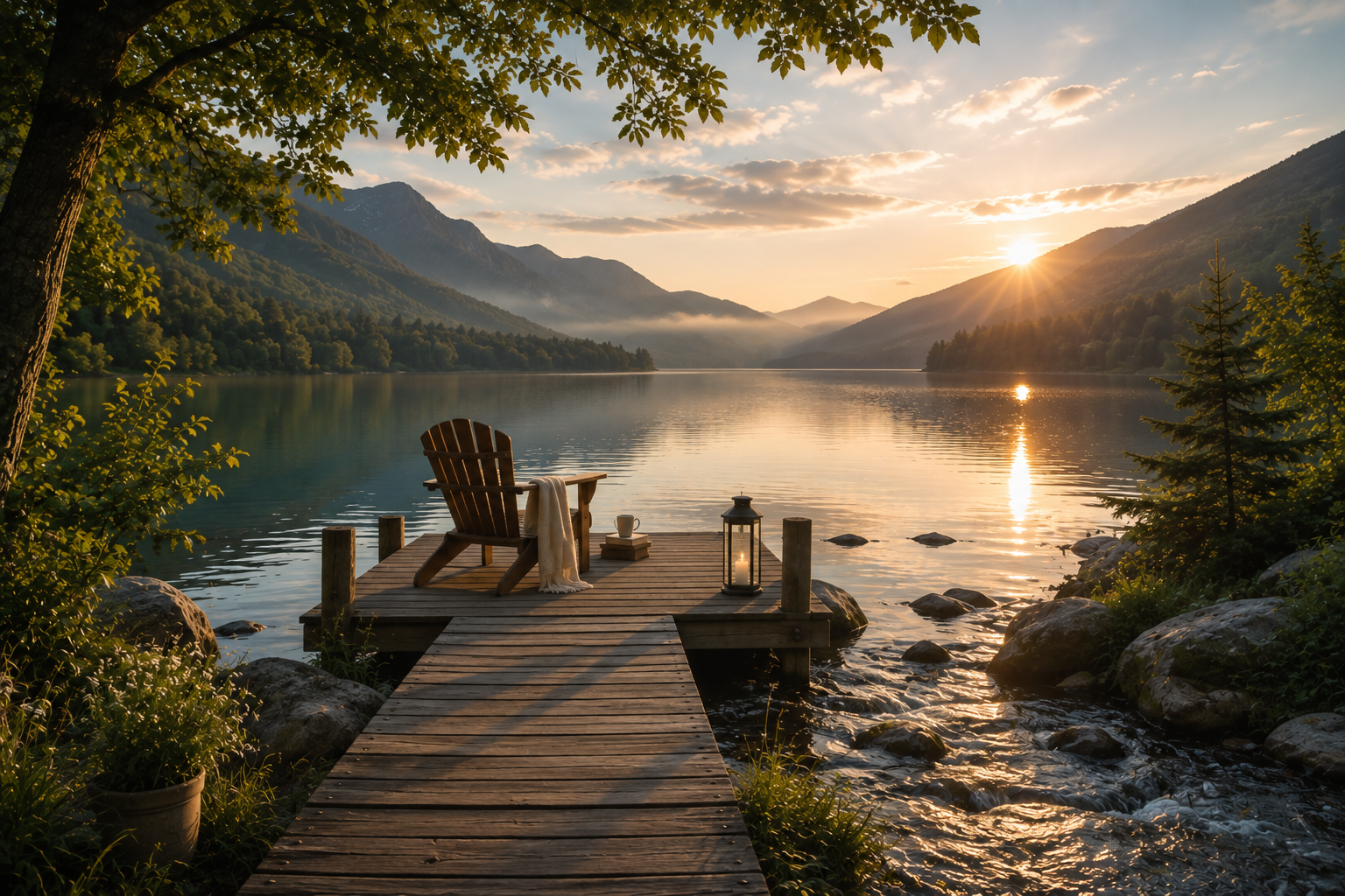 Woman in a white dress watching the sunset from a wooden deck