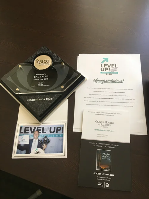 Sysco Chairman’s Club award and certificate