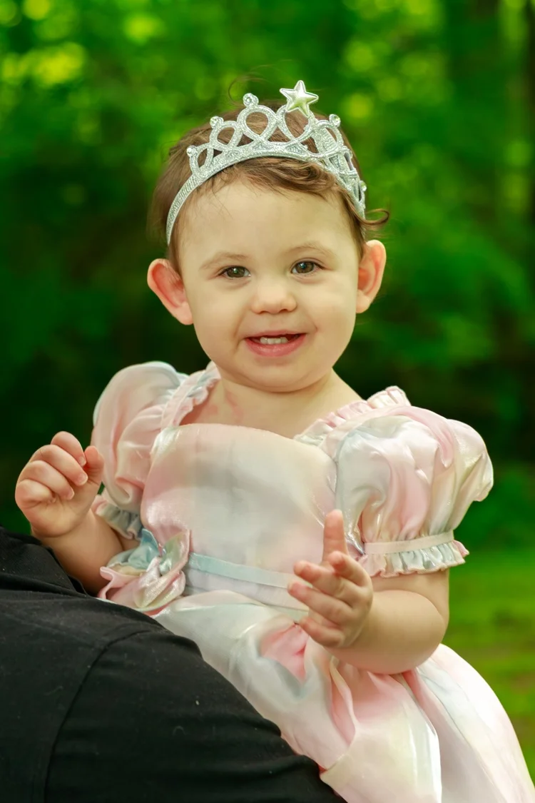Toddler wearing a princess dress outdoors