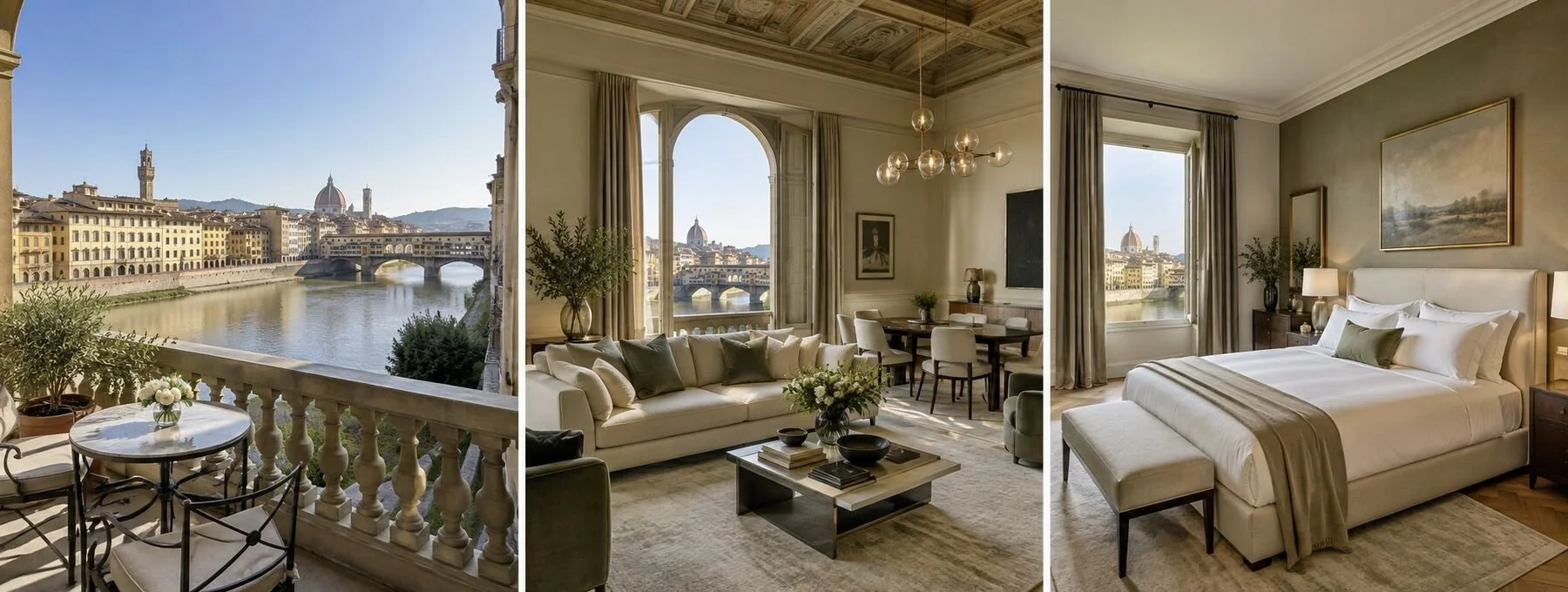 Arno River Palazzo Apartment: exterior, living area and primary suite