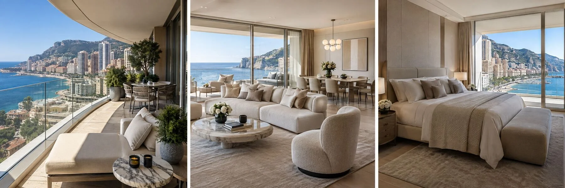 Larvotto Contemporary Residence: exterior, living area and primary suite