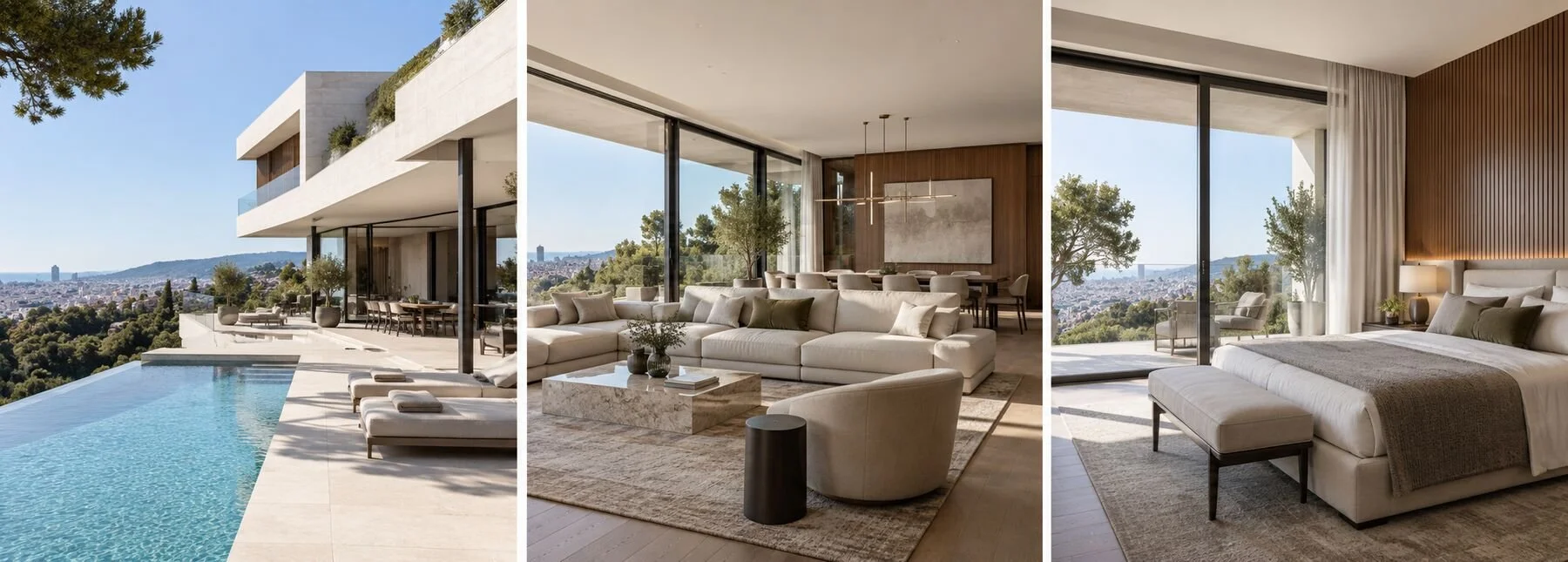 Pedralbes Contemporary Villa: exterior, living area and primary suite
