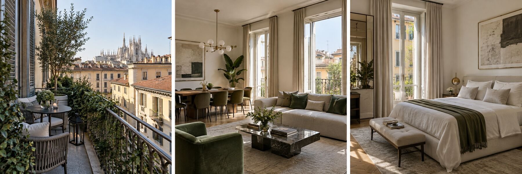 Brera Design Apartment: exterior, living area and primary suite