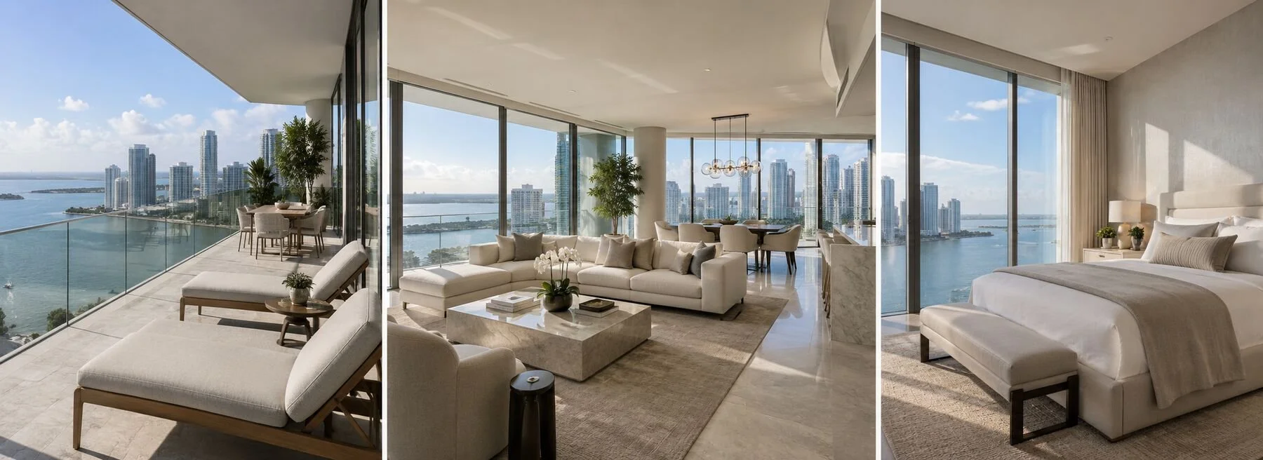 Brickell Waterfront Penthouse: exterior, living area and primary suite