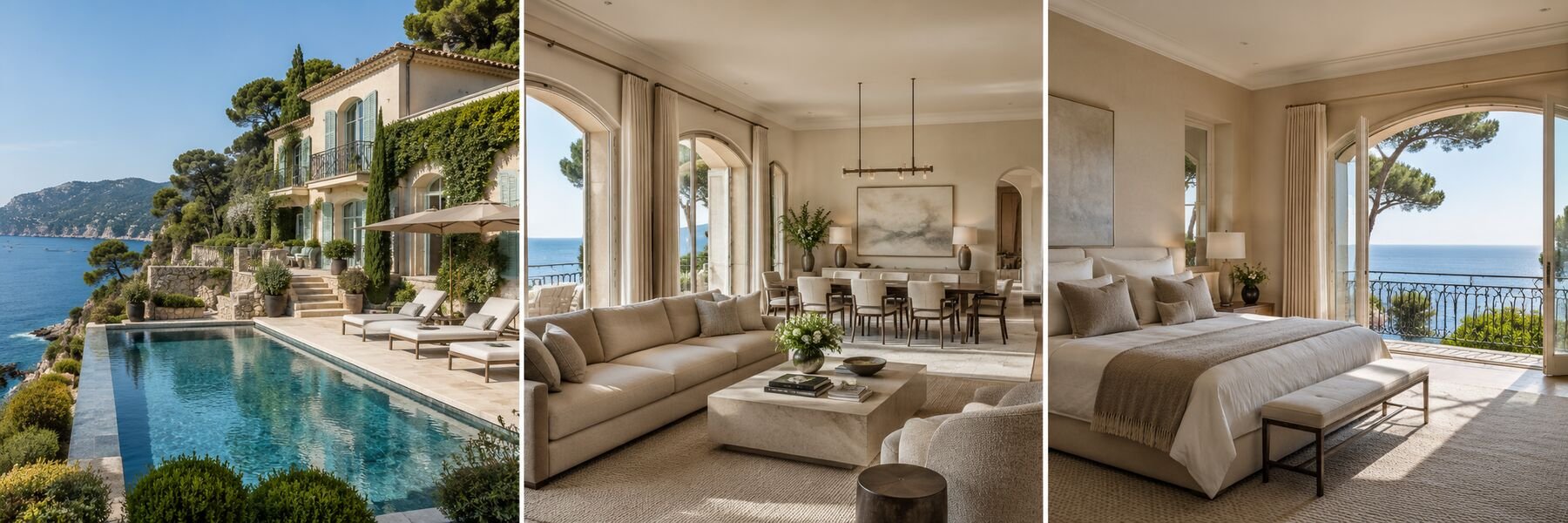 Cap Ferrat Waterfront Villa: exterior, living area and primary suite