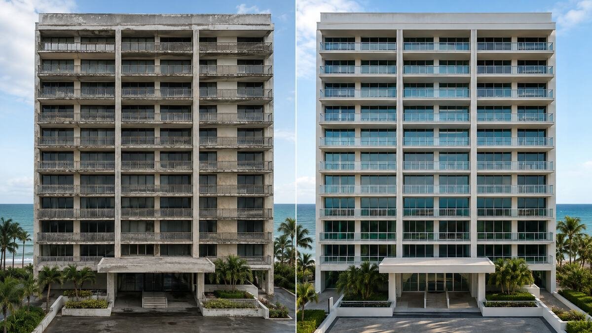 Coastal condominium retrofit before and after