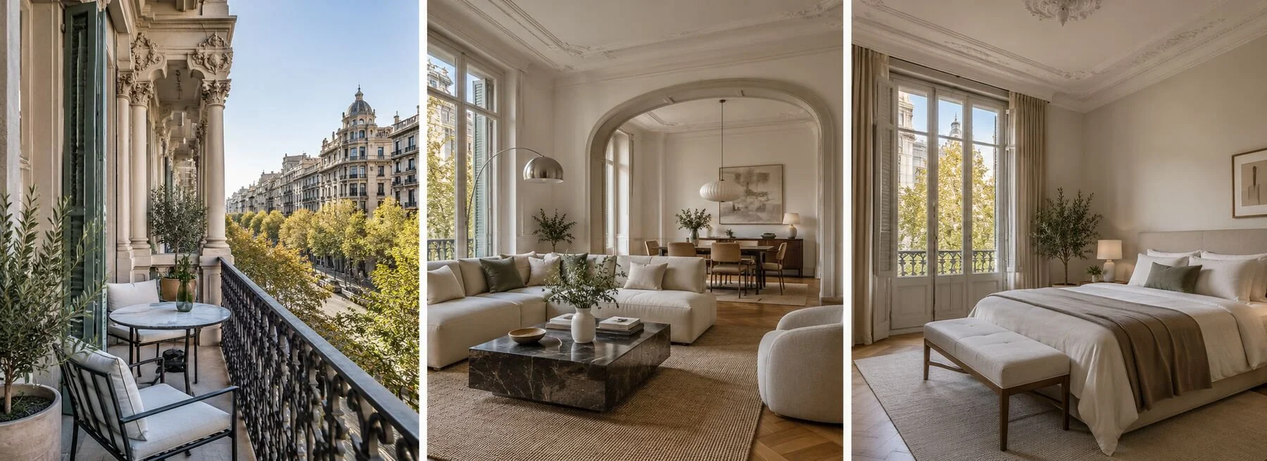 Eixample Modernist Apartment: exterior, living area and primary suite