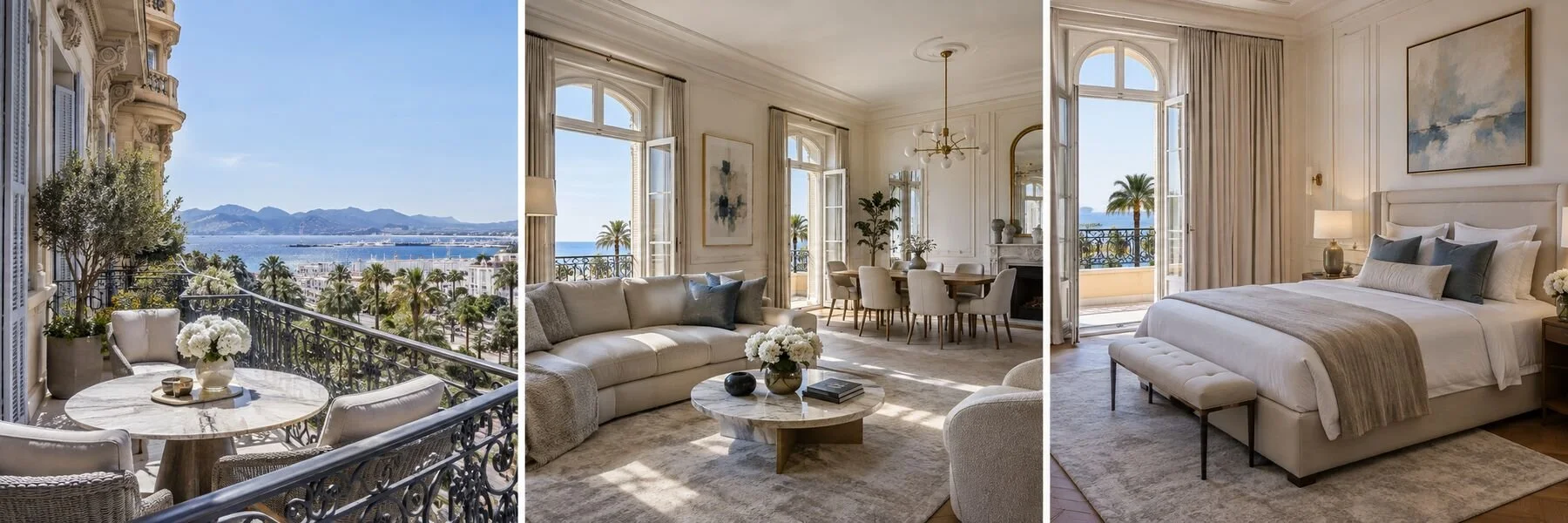 Cannes Belle Époque Apartment: exterior, living area and primary suite