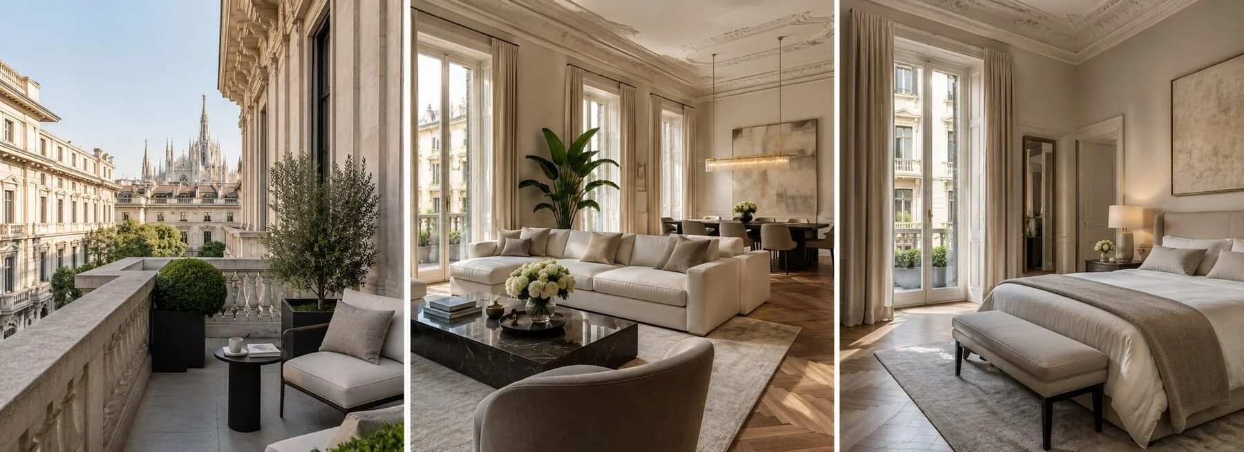 Quadrilatero Palazzo Residence: exterior, living area and primary suite