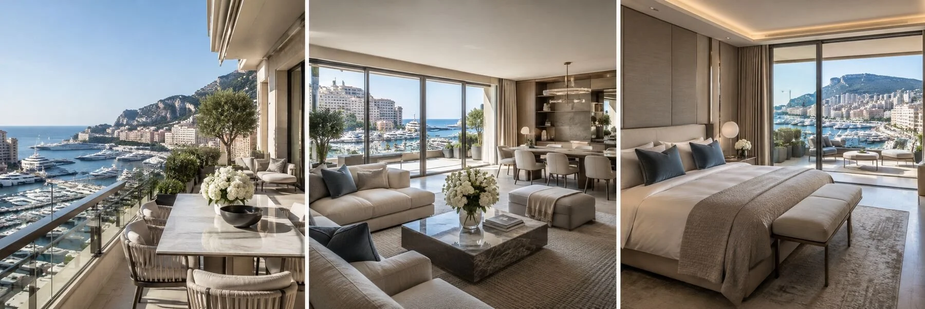 Monte Carlo Harbor Penthouse: exterior, living area and primary suite