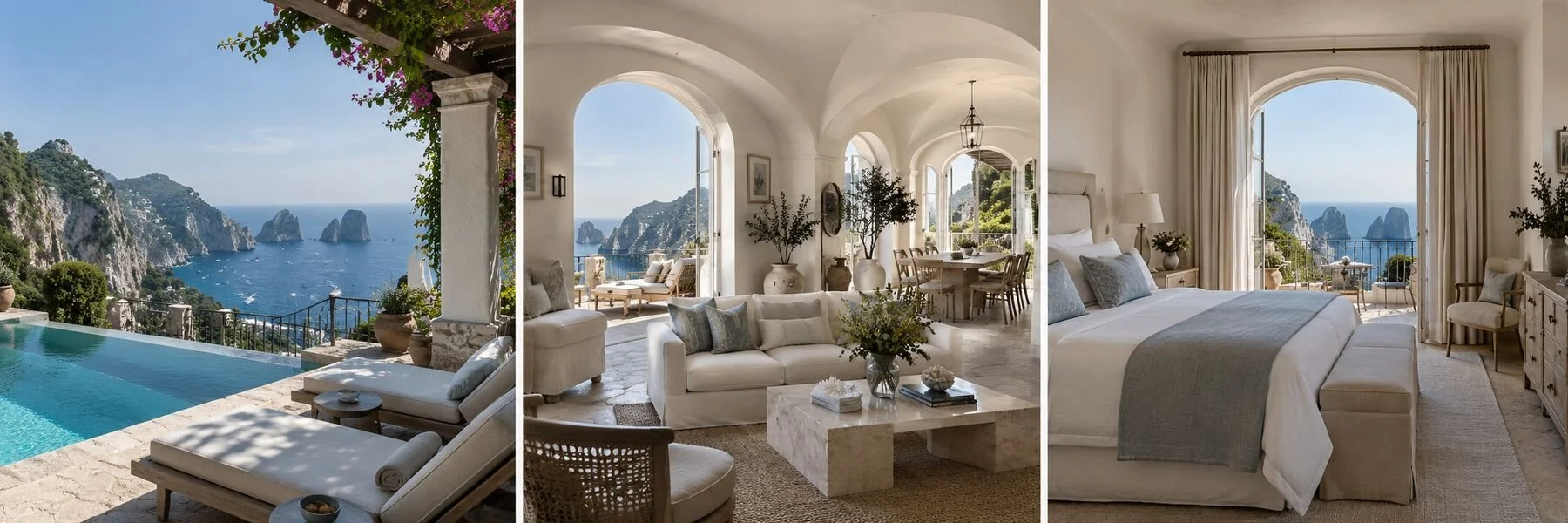 Clifftop Mediterranean Villa: exterior, living area and primary suite