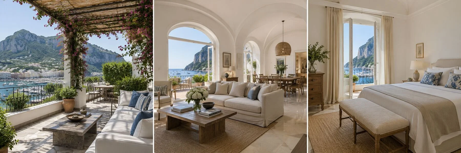 Marina Grande Residence: exterior, living area and primary suite