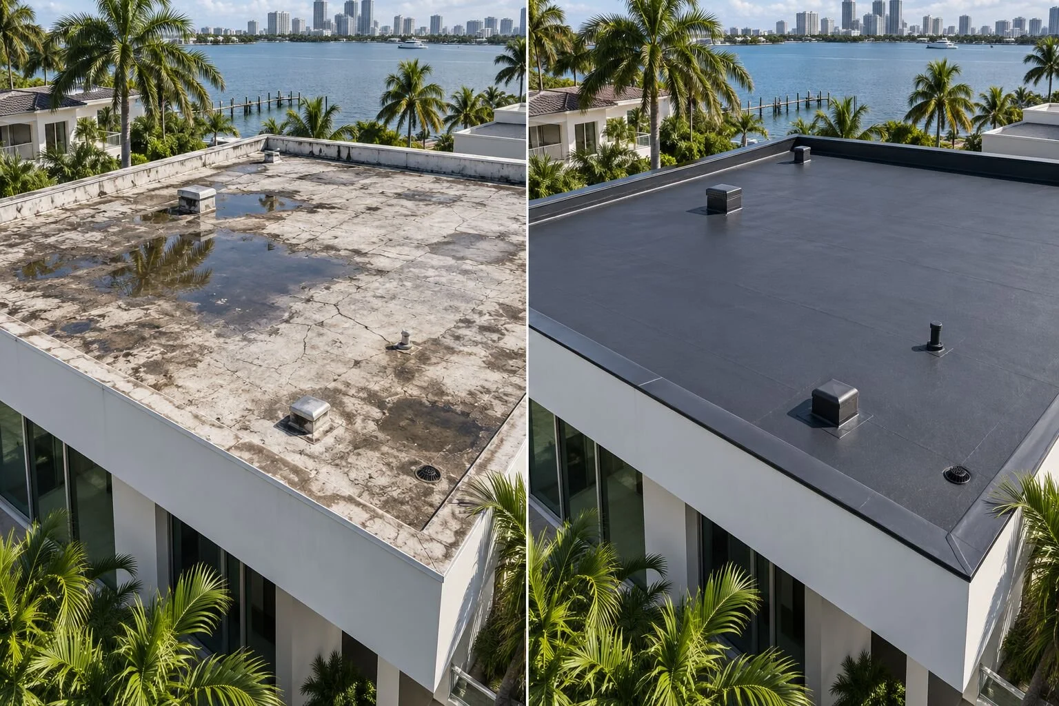 Liquid rubber roof restoration before and after