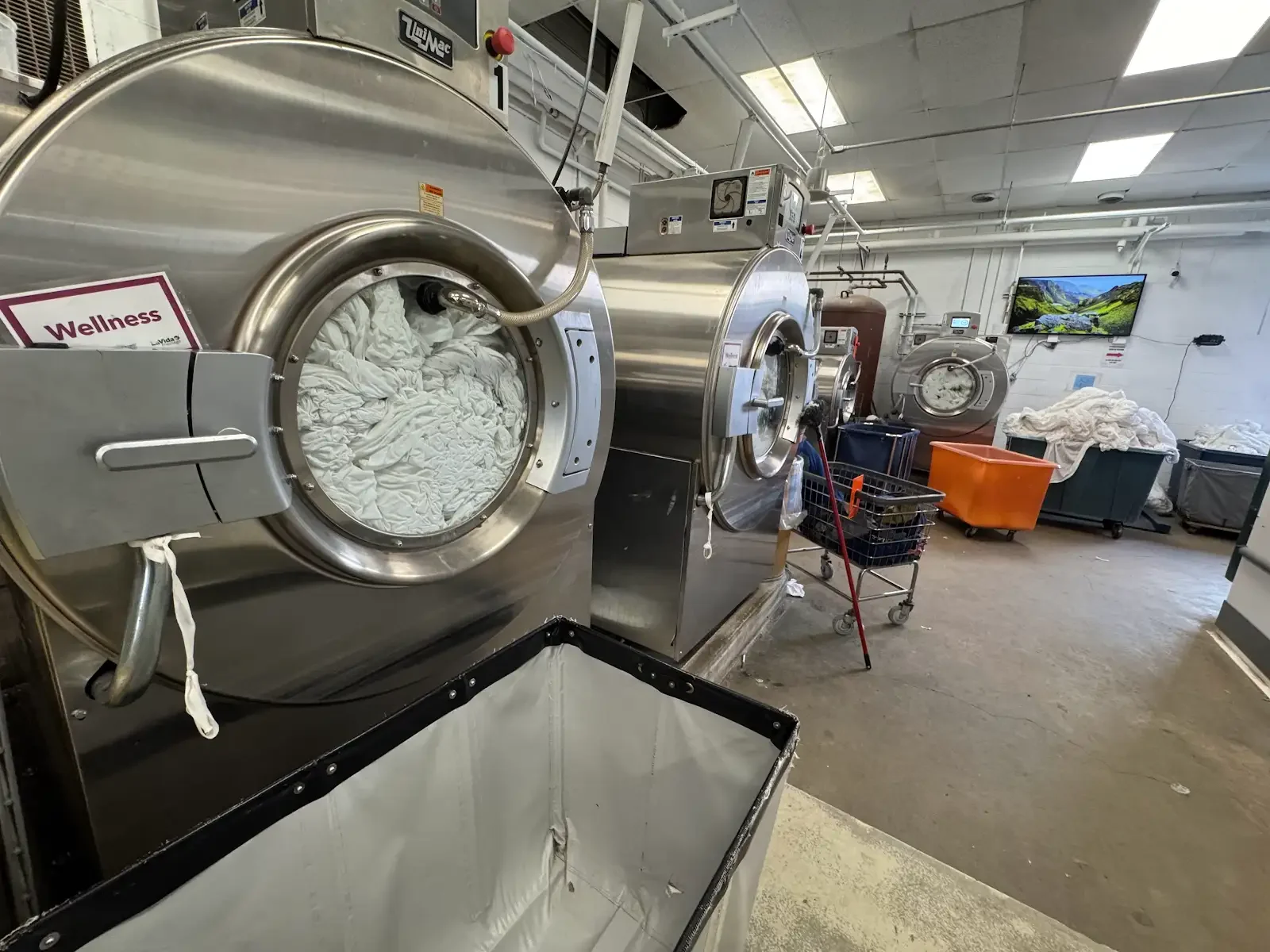 Commercial-capacity washers processing hospitality linens