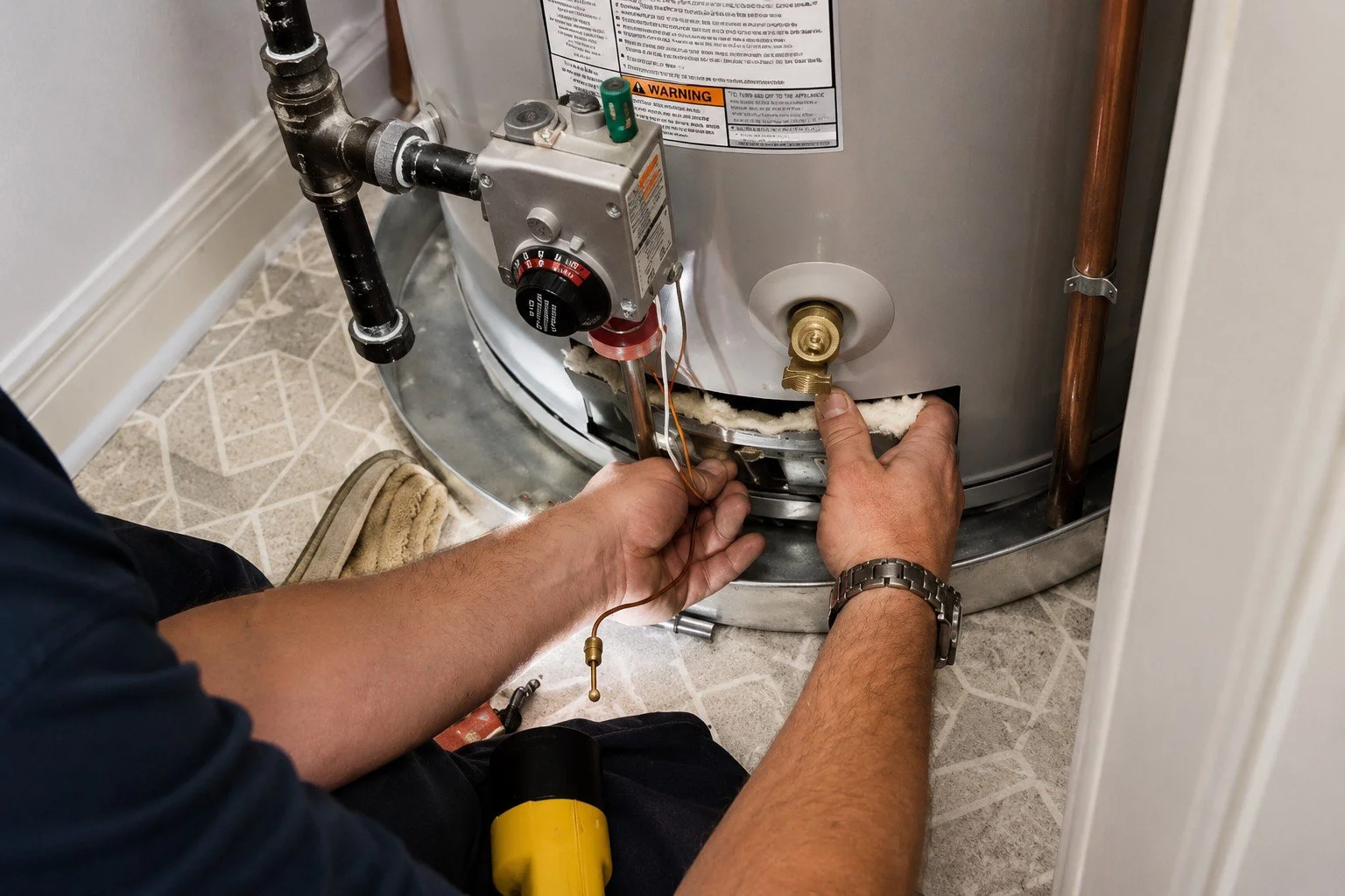Plumber servicing the burner assembly and drain valve on a gas water heater.