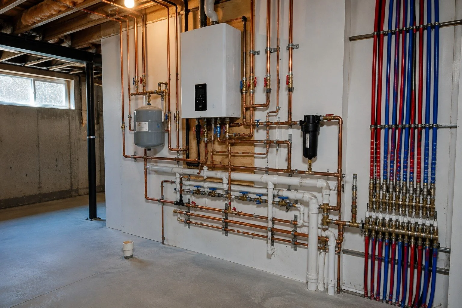 Open-wall whole-home repipe with new PEX and copper supply lines.