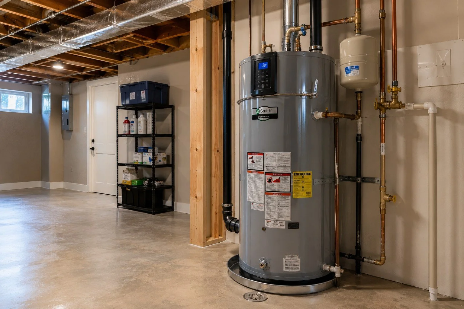 Newly installed gas water heater with copper supply lines and expansion tank.