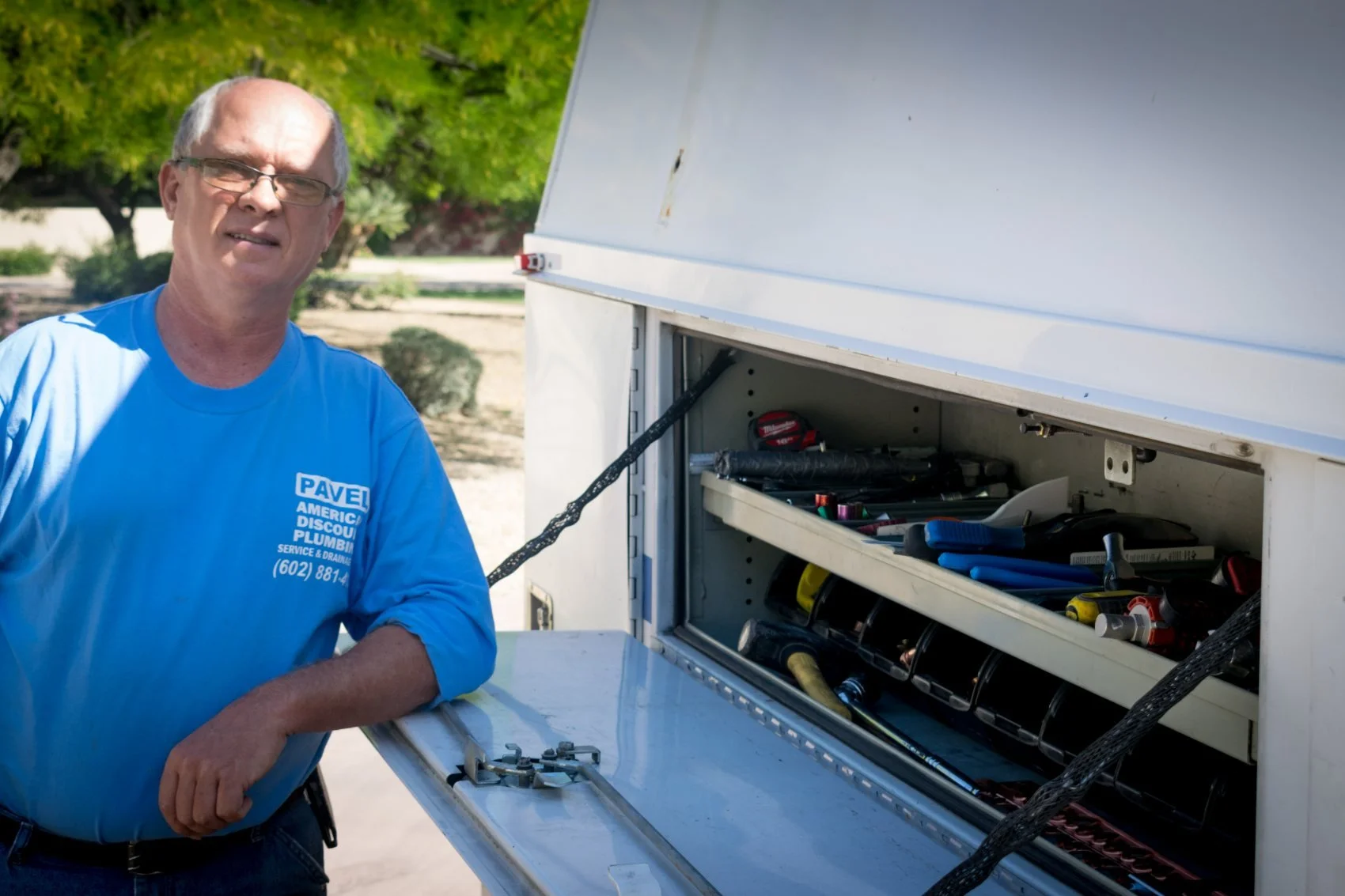 Tools and parts stocked on the American Discount Plumbing service truck in Phoenix.