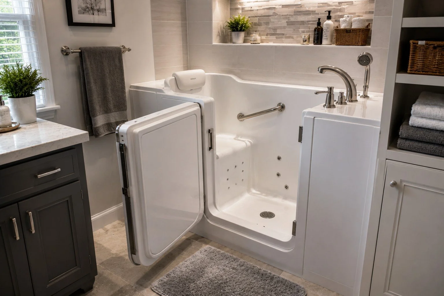 Walk-in tub with the door open, showing the low step-in threshold and grab bar.