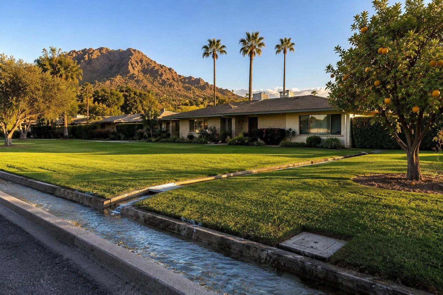 Flood-irrigated Arcadia lawn and ranch home below Camelback Mountain.