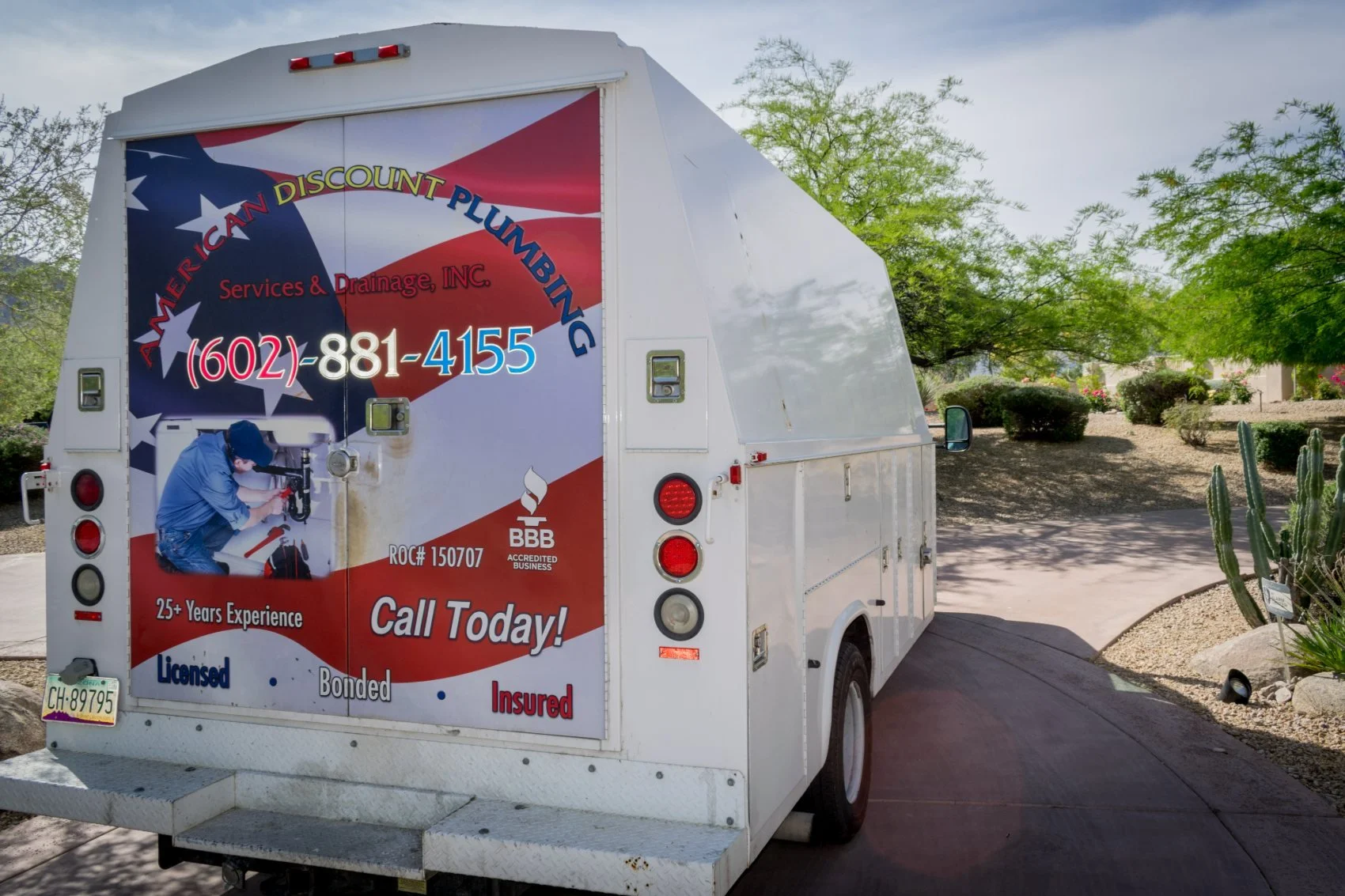American Discount Plumbing service truck, licensed, bonded and insured.